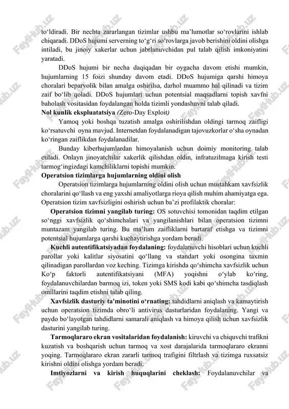 g‘ullanishi mumkin: · tarmoqqa yoki tarmoqning muayyan hududlariga kirish bloklanishi mumkin. · u boshqa zararli dasturlarni o‘rnatishi mumkin. · qattiq diskdan yashirincha ma’lumotlarni uzatish va nusxalash mumkin. · bu tizimga xalaqit berishi va uni yaroqsiz holga keltirishi mumkin. fishing fishing ijtimoiy muhandislik turi bo‘lib, unda soxta aloqa ishonchli manbadan olingan ko‘rinadi. elektron pochta ko‘pincha maxfiy ma’lumotlarni o‘g‘irlash yoki odamlarni zararli dasturlarni o‘rnatishda aldash uchun ishlatiladi. dunyo bo‘ylab kiberhujumlarning eng keng tarqalgan sababi bu fishingdir. o‘rtadagi odam hujumi o‘rtadagi odam (man-in-the-middle) hujumi begona odam ikki tomon o‘rtasida aloqa o‘rnatayotganga o‘xshab ko‘rinadigan aloqalarni tutib, tarqatganda sodir bo‘ladi. hujumchilar suhbat davomida muhim ma’lumotlarni filtrlashi, o‘zgartirishi va o‘g‘irlashi mumkin, bu tinglash hujumi deb ham ataladi. ma’lumotlarni shifrlash kompaniyangizni bunday tahdidlardan himoya qilishning bir usuli hisoblanadi. bundan tashqari, tashkilotlar xodimlar faoliyati to‘g‘risida yangilanib turish uchun audit va monitoringni amalga oshirishlari kerak. taqsimlangan xizmatni rad etish hujumi ddos (distributed deial-of-service) deb nomlanuvchi hujumlar kompaniyaning markaziy serverini …