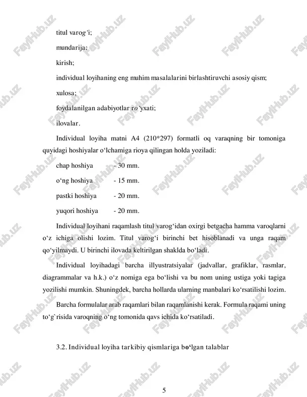 rcha faktlar va ma'lumotlarning aniqligi va haqqoniyligi uchun uning muallifi javobgardir. individual loyihaga qo‘yiladigan muhim talablardan biri - ilmiy tadqiqotning talaba tomonidan mustaqil amalga oshirilishidir. talaba tomonidan har xil manbalardan dalillar, statistik ma’lumotlar, ilmiy risolalardan, mamlakat rahbari nutqlaridan sitatalar keltirish iloji boricha qisqa, grammatik nuqtai nazardan to‘g`ri tuzilgan va ilmiy apparat bilan ta'minlangan bo‘lishi kerak. 3.4. individual loyihada qo‘llaniladigan ilmiy apparat individual loyihada ilmiy apparatdan foydalanish nashr etishga tayyorlanayotgan ilmiy ishlar talablariga javob berishi kerak. individual loyihani yozish jarayonida talaba shu sohada mavjud bo‘lgan va o‘zi foydalangan boshqa ilmiy tadqiqotlardan, ma'lumotnomalardan foydalanganda quyidagi shartlarga rioya qilishi lozim:  individual loyihani yozish davomida foydalanilgan adabiyotlar va boshqa manbalardan dalil keltirish bir xil tartibda yoritilishi kerak;  matnda foydalanilgan manbalardan dalil keltirish sahifa ostidagi izoh tarzidagi yozuv yoki kvadrat qavs ichida [1] foydalanilgan adabiyotlarda keltirilgan ro‘yxat bo‘yicha manba tartib raqamini va sahifasini ko‘rsatish tarzida amalga oshirilishi mumkin;  sahifa ostidagi izoh tarzidagi …