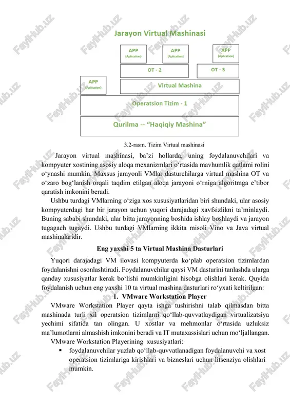 stning qattiq diskiga bilvosita kirishganda, ular haqiqiy mashinalarga qaraganda samarasiz bo‘ladi. · tizimga qarab, bitta xostda ishlaydigan bir nechta virtual mashinalarning ishlashi har xil bo‘lishi mumkin. bajarish tezligi va zararli dasturlardan himoyalanish ham o‘zgarishi mumkin, bu esa beqaror xatti-harakatlarga olib keladi. foydalanuvchilar vaqtinchalik izolyatsiyani ta’minlaydigan virtual mashina dasturlari yordamida bu muammoni yumshata oladi. · mehmon operatsion tizimi xost resurslari tomonidan taqdim etilgan zararli dasturlardan himoyalanish bilan mos kelmasligi mumkin. shuning uchun, xarajatlarning oshishiga olib keladigan qo‘shimcha alohida dasturiy ta'minot talab qilinishi mumkin. jarayon virtual mashinasi (process virtual machines): ushbu virtual mashinalar ba’zan amaliy virtual mashinalar yoki boshqariladigan jarayon muhitlari (runtime environments (mre)) deb ataladi. ular bitta jarayonni qo‘llab-quvvatlovchi xost operatsion tizimida standart ilovalar sifatida ishlaydi. jarayon boshlanganda ishga tushiriladi va jarayon to‘xtaganda tugatiladi. 3.2-rasm. tizim virtual mashinasi jarayon virtual mashinasi, ba’zi hollarda, uning foydalanuvchilari va kompyuter xostining asosiy aloqa mexanizmlari o‘rtasida mavhumlik qatlami rolini o‘ynashi mumkin. maxsus jarayonli vmlar dasturchilarga …