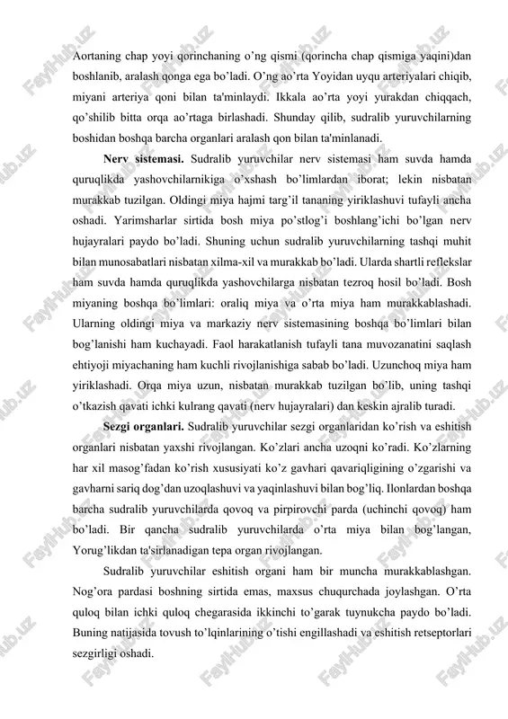 hi ham kuchayadi. faol harakatlanish tufayli tana muvozanatini saqlash ehtiyoji miyachaning ham kuchli rivojlanishiga sabab bo’ladi. uzunchoq miya ham yiriklashadi. orqa miya uzun, nisbatan murakkab tuzilgan bo’lib, uning tashqi o’tkazish qavati ichki kulrang qavati (nerv hujayralari) dan keskin ajralib turadi. sezgi organlari. sudralib yuruvchilar sezgi organlaridan ko’rish va eshitish organlari nisbatan yaxshi rivojlangan. ko’zlari ancha uzoqni ko’radi. ko’zlarning har xil masog’fadan ko’rish xususiyati ko’z gavhari qavariqligining o’zgarishi va gavharni sariq dog’dan uzoqlashuvi va yaqinlashuvi bilan bog’liq. ilonlardan boshqa barcha sudralib yuruvchilarda qovoq va pirpirovchi parda (uchinchi qovoq) ham bo’ladi. bir qancha sudralib yuruvchilarda o’rta miya bilan bog’langan, yorug’likdan ta'sirlanadigan tepa organ rivojlangan. sudralib yuruvchilar eshitish organi ham bir muncha murakkablashgan. nog’ora pardasi boshning sirtida emas, maxsus chuqurchada joylashgan. o’rta quloq bilan ichki quloq chegarasida ikkinchi to’garak tuynukcha paydo bo’ladi. buning natijasida tovush to’lqinlarining o’tishi engillashadi va eshitish retseptorlari sezgirligi oshadi. 2. sudralib yuruvchilarning ko’payishi, rivojlanishi va kelib chiqishi. ko’payishi. sudralib …