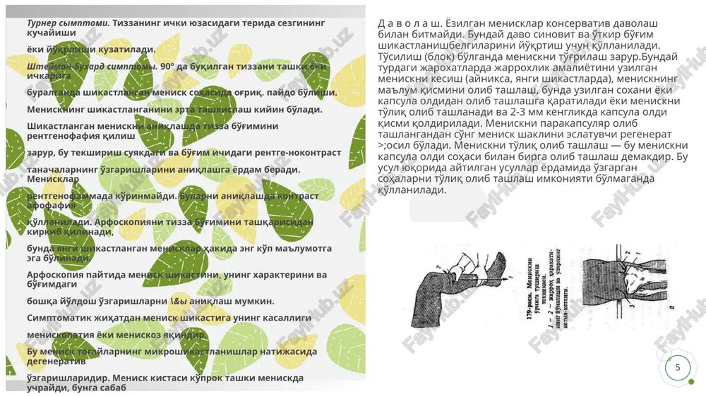 yon boylamning to'liq uzilishi qisman uzilishidan farqni ravishda shikastlangan boylam karama-karshi tomonga xarakatlanishi paytida boldirni ortikcha yonga deviatsiyasi bilan kechadi. bu simptom kechikkan davrida aniqrok kuzatiladi (181-rasm). rentgenologik tekshirish yon boylamlarning uzilganligi xakida ma'lumot beradi. agar yonga ogish 10° dan oshmasa, bu xolda yon boylamlarning qisman uzilganligi xakida o'ylash mumkin. agar yonga ogishi 10-20° va undan ko'prok bo'lsa, u xolda yon boylamlar to'liq uzilganligidan (mironova simptomi) dalolat beradi d a v o l a sh yangi shikastlanishlarda uzilgan boylamni tikish kerak agar boylam tolalari titilib ketgan bo'lsa, atrofidagi fastsiya yoki mushak tolalari bilan mustaxkamlanadi. operatsiyadan so'ng sonning 1/3 qismidan boldir-oshik tovon bukimigacha 6 haftaga gipsli bog'lam ko'yiladi. agar yangi shikastlangan vaktda ichki yon boylam tikilmagan bo'lsa, u >holda konservativ davo o'tkaziladi. 6 xaftaga sonning yuqorigi 1/3 khismidan boldir-oshik bo'g'imigacha uzilgan boylam tomonga ogdirilgan )<;olatda gipsli bog'lam ko'yiladi. bu xolatda kapsulaga uygunlashib ketgan uzilgan bo'laklari bir-biriga yaqinlashadi. 3 xaftadan so'ng uzilgan …
