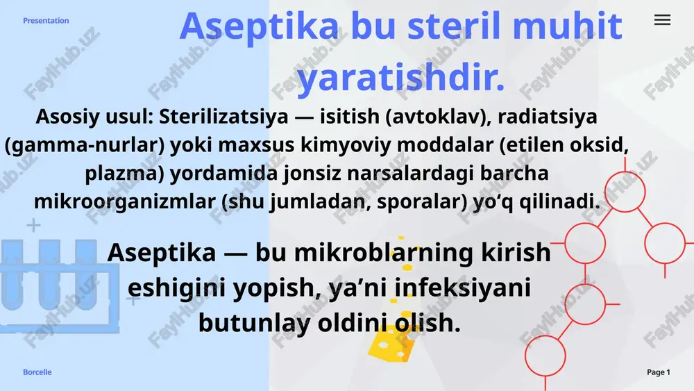 nalar, implantatlar, bogʻlov materiallari. presentation borcelle page 1 dezinfeksiya (cheklangan tozalash) dezinfeksiya bu — mikroorganizmlarning koʻpchiligini yoʻq qilish, ammo ularning eng chidamli shakli boʻlgan bakteriya sporalarini oʻldira olmaslik jarayonidir maqsad infeksiya xavfini keltirib chiqaradigan darajadan pastga tushirish. gʻovakni kamaytirish. presentation borcelle page 1 qoʻllanish joyi jonsiz yuzalar: pollar, devorlar, stol ustilari, tibbiyot uskunalari (masalan, ekg apparati), hammom asboblari. dezinfeksiya qilinadigan narsalar: oddiy tekshiruv uskunasi yoki teri bilan aloqada boʻladigan yuzalar. presentation borcelle page 1 sterilizatsiya — bu asboblarni operatsiya uchun tayyorlash, yaʼni mikroblarga nol imkoniyat berish. dezinfeksiya — bu xona va yuzalarni kundalik foydalanish uchun xavfsiz qilish, yaʼni mikroblar sonini xavfsiz darajaga tushirish. zamonaviy tibbiyotda bu ikki tushunch bir-birini inkor etmaydi, aksincha, bir-birini toʻldiradi. jarrohlikning muvaffaqiyati nafaqat steril asboblar (asepsis) bilan ishlash, balki operatsiya maydonini samarali dezinfeksiya qilish (antisepsis) va operatsiyadan keyingi davrda jarohatni mikroblardan himoya qilish orqali taʼminlanadi. asepsis - bu ideal, antisepsis - bu zaxira rejasi. aseptika & …