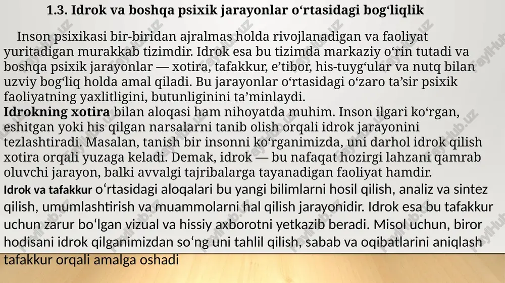 fazilatlarni anglash va his qilish qobiliyatini bildiradi. bu idrok turida nafaqat sezgi va idrok, balki chuqur tafakkur, hissiyot va shaxsiy estetik qarashlar muhim rol o‘ynaydi. inson estetik hodisalarni idrok qilish orqali ruhiy boylikka ega bo‘ladi va estetik didi shakllanadi. professional idrok insonning kasbiga bog‘liq holda shakllanadigan va aynan muayyan faoliyatga yo‘naltirilgan idrok shaklidir. masalan, vrach kasbiga ega bo‘lgan shaxs bemorning tashqi ko‘rinishiga qarab kasallik alomatlarini aniqlay oladi; rassom ranglar ohangini chuqur idrok qiladi; musiqa ustasi esa nozik tovush farqlarini sezadi. bu idrok shakli tajriba, mashq va kasbiy tayyorgarlik natijasida rivojlanadi. nutqiy idrok bu insonning og‘zaki yoki yozma nutq orqali uzatilgan ma’lumotni anglab olish, tushunish va qayta ishlash jarayonidir. nutqiy idrok tilni bilish, e’tibor, eshitish sezgisi va intellektual salohiyat bilan bog‘liq. texnik idrok ham mavjud bo‘lib, u insonning texnik qurilmalar, mashinalar, mexanizmlar yoki texnologik jarayonlarni tushunish va boshqarishga oid idroki hisoblanadi. muhandislar, texnologlar, avtomexaniklar o‘z kasblari doirasida texnik idrokni faol qo‘llaydilar. …