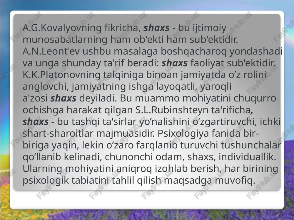 h bilan shunday ish boshlaydilarki, nima qilib boʼlsa ham yutuqqa erishish ular uchun oliy maqsad boʼladi ular hali ishni boshlamay turib, yutuqni kutadilar va shunday ishni amalga oshirishsa, odamlar ularning barcha xarakatlarini maʼqullashlarini biladilar 30 muvaffaqiyatga erishish motivi bu yoʼlda ular nafaqat oʼz kuch va imkoniyatlarini, balki barcha tashqi imkoniyatlar - tanish - bilishlar, mablagʼ kabi omillardan ham foydalanadilar 31 muvaffaqiyatsizliklardan qochish motivi masalan: ular birinchilardan farqli, ishni boshlashdan avval nima boʼlsa ham muvafiqiyatsizlikka duchor boʼlmaslikni oʼylaydilar 32 muvaffaqiyatsizliklardan qochish motivi shu tufayli ularda koʼproq ishonchsizlik, yutuqqa erishishga ishonmaslik, pessimizmga oʼxshash holat kuzatiladi. shuning uchun boʼlsa kerak, oxir - oqibat ular baribir muvaffiqiyatsizlikka uchrab, “oʼzi sira omadim yurishmaydigan odamman-da” degan xulosaga keladi 33 e’tiboringiz uchun rahmat 34 image3.png image4.gif image5.gif image6.gif image7.gif image8.gif image9.gif image10.gif image11.gif image12.jpeg image1.jpeg /docprops/thumbnail.jpeg