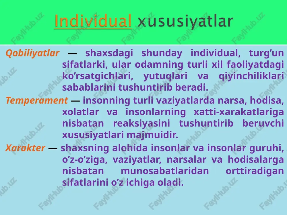 gan ishonchli bosiq xotirjam sangvinik muloqotga kirishuvchan ochiq ko'ngli sergap xushmuomala xushchaqchaq betashvish mehrlitashabbuskor emotsional turg'un * temperament tiplarining tavsifnomasi * * bu qiziq s m x f siz kursida o`tiribsiz, yoningizga sizning bosh kiyimmingiz bor, sizning yoningizga bir kishi kelib, bosh kiyiminingizga o`tirdi! sizning munasabatingiz??? * tiplar va temperament xususiyatlarini o‘rganish metodikalari mavzusini yoritishda quyidagi klaster tuziladi temperament temperament tiplari temperament nazariyalari tiplarning qiyosiy tahlili temperamentning psixofiziologik nazariyasi (v.s.merlin, b.m.teplov) pavlov nazariyasi ibn sino gippokrat nazariyasi sigo bo‘yicha krechmer bo‘yicha sheldon bo‘yicha sterelyau bo‘yicha flegmatik xolerik sangvinik psixik faoliyatlar dinamikligi ma’lum psixik dinamikligi ta’rifi mustahkam va doimiy harakat uzoq vaqt rivojlanish qonuniylashgan holda temperament tipi ta’rifi asab sistamasi tiplarini hisobga olish melanxolik * xarakter-o'zi nima? * * xarakter-o'zi nima? «xarakter» yunoncha «xaraktir» degan so’zdan olingan bo’lib, «qalqiq chiziq» ma’nosini anglatadi. bu yerda tanga, chaqa yuziga tushirilgan bo’rtma tamg’a ko’zda tutiladi. shaxs xulqining tipik usullar bilan bog’liq faoliyat muomala va …
