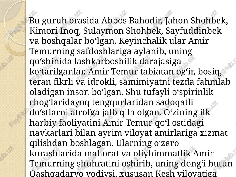 kki, uning faoliyati qo‘yilgan maqsad va rejalari jihatidan ikki bosqichga bo‘linadi. birinchi bosqich (1360-1386)da amir temur movarounnahrda markazlashgan davlat tuzish yo‘lida kurashdi. amir temurning bu davrdagi faoliyati o‘rta osiyo xalqlarining ijtimoiy-iqtisodiy va madaniy hayoti taraqqiyoti yo‘lida shubhasiz ulkan ijobiy ahamiyat kasb etdi. amir temur faoliyatining ikkinchi bosqichi (1386-1405)da olib borilgan “uch yillik”, “besh yillik” va “yetti yillik” harbiy yurishlarni amalga oshirib, oltin o‘rda, eron, iroq, kavkaz, kichik osiyo, misr va hindistonni zabt etdi. uning nomi o‘zbekistonda abadiylashtirildi. ko‘plab shahar va qishloqlardagi shoh ko‘chalar, maydonlar, jamoa xo‘jaliklari, maktablar, kinoteatrlar va boshqalar uning nomi bilan ataldi. islom karimov tashabbusi va rahnomaligida toshkent, samarqand, shahrisabz va boshqa shaharlarning markaziy maydonlarida amir temurga haykal o‘rnatildi. toshkentdagi amir temur hiyobonida temuriylar davri muzeyi barpo etildi (1996), “amir temur” ordeni ta`sis etildi (1996) va xalqaro amir temur jamg‘armasi tashkil qilindi (1995). toshkent, samarqand va xorijiy mamlakatlarda yunesko rahbarligida hazrat sohibqiron tavalludining 660 yilligi keng nishonlandi (1996). …