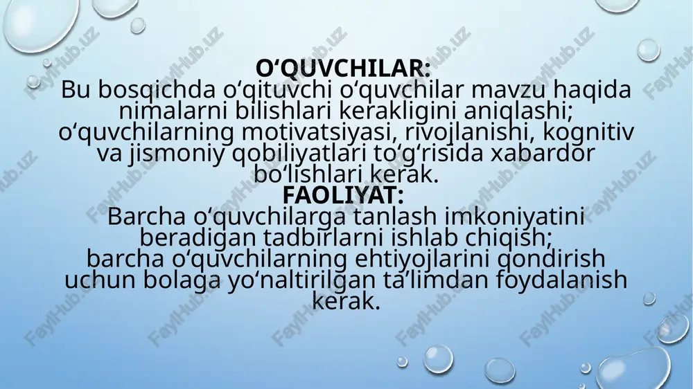 b qiladi. shunga qaramay, aqli zaif o‘quvchilar ko‘pincha yuqori sinflarda ham hatto sodda savollarning yechimini to‘g‘ri tanlashda qiynaladilar. maktab bolani o‘qitishda dastlab shunday sharoit yaratadiki, bu vaqtda o'quvchilarga doimo har yerda yordam beriladi. qisqasi, o‘quv topshiriqlarini bajarishdagi mustaqillik o‘quvchilar tomonidan ancha chegaralangan bo'ladi. shunga qaramay, bolalarni quyi sinflardan boshlab ishlarni mustaqil bajarishga odatlantirmoq zarur. bu mustaqillik dastlab to‘liq bo‘lmasin, biroq o‘quvchiga yordamni uyushtirish shunday bo‘lishi kerakki, unda ishni mustaqil bajarishga xohish va o‘z kuchiga ishonch hissi tarbiyalansin o‘qitishda tushunarlilik tamoyili bu tamoyilning mohiyati ta’limning mazmuni, hajmi hamda usullari bolalarning yoshi va aqliy rivojlanishiga, ularning bilim saviyasiga to‘g‘ri kelishidan iborat.o‘qituvchi tomonidan o‘quvchilarga berilayotgan hamma material ular uchun tushunarli va ularning kuchi yetadigan bo‘lishi lozim. faqat shu holdagina material ongli ravishda o‘zlashtirilishi mumkin. o‘quvchilarning tushunishlari uchun qiyin material nari borsa ular tomonidan mexanik tarzda yodlab olinishi mumkin. bu narsa bolani o‘qitish, tarbiyalash va kamol toptirishda foydali natijalar bermasligi bilan bir qatorda, aksincha, …