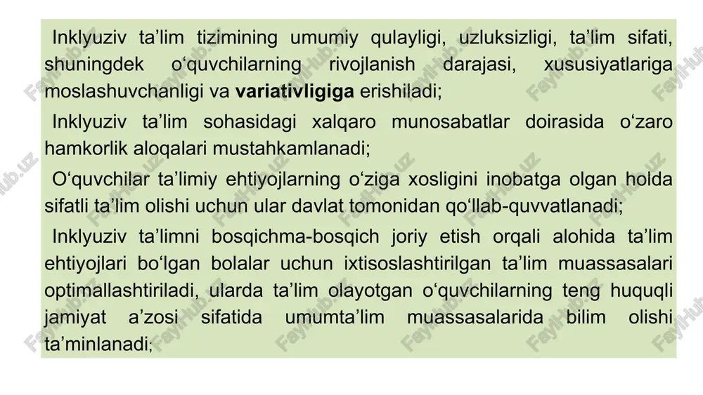 ni hisobga olish; - kognitiv faollikni, nutq madaniyatini faollashtirish; - o'qituvchi va talaba o'rtasidagi hamkorlik jarayonini yo'lga qo'yish. o'yin davomida bolalarda mustaqil fikrlash, diqqatni jamlash, tashabbus ko'rsatish odatlari shakllanadi. fikrlash, xotira, diqqat va kuzatish qobiliyatlari rivojlanadi. o'yin eng muhim funktsiyalarni bajaradi: - ijtimoiylashuv; - kommunikativ; - diagnostika; - qiziqtirish. o'yin texnologiyalari didaktik o'yinlar ko’rgazmali og‘zaki ko’rgazmali materiallar, o‘gzaki savol javoblar, didaktik oyinlar, bolalarning kuzatishlari asosidagi tarqatma materiallar, olgan tajribalari o ‘yinchoqlar bilan o 'ynash, ushbu o'yinlarning maqsadi tizimlashtirish va umumlashtirishdir. ular materialni mustahkamlash va takrorlash bosqichida, shu jumladan topishmoq o'yinlari, bayonotlar qilish uchun o'yinlarda qo'llaniladi uyda ta'lim - bu nogiron bolalarni o'qitish varianti bo'lib, unda ta'lim muassasasi o'qituvchilari uyushtirilgan tartibda bolaga tashrif buyurishadi va u bilan bevosita uning yashash joyida mashg'ulotlar olib boradilar. bu holatda, qoida tariqasida, o'qitish eng yaqin ta'lim muassasasining o'qituvchilari tomonidan amalga oshiriladi, ammo rossiyada nogiron bolalarni uyda o'qitish uchun ixtisoslashtirilgan maktablar ham mavjud. uyda ta'lim o'quvchining …