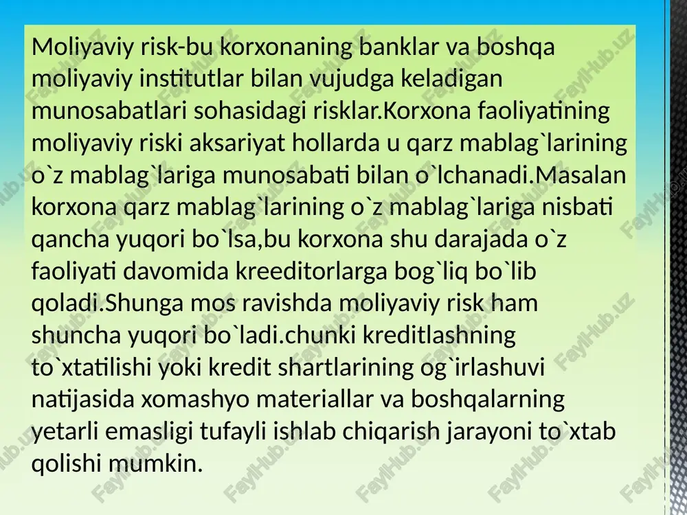 mahsulot uchun toʻlov amalga oshirilmasligida yoki oʻz vaqtida hisob-kitoblar qilinmasligida koʻzga tashlanadi. soliq riski. moliyaviy riskning bu turi quyidagilarda aks etadi: xoʻjalik faoliyatining alohida yoʻnalishlariniamalga oshirishga yangi soliqlar va ularga tenglashtirilgan toʻlovlar joriy etish ehtimoli; amaldagi soliqlar va majburiy ajratmalar stavkalarining oshish ehtimoli; alohida soliq toʻlovlari muddatlari va shart-sharoitlari oʻzgarishi; korxona xoʻjalik faoliyati sohasiga taqdim etilgan soliq imtiyozlarining bekor qilinishi,solq tekshiruvlari va boshqalar. korxonalar uchun bunday risklarni oldindan baholash imkoniyati mavjud boʻlmaganligi sababli ular moliyaviy faoliyat natijalariga jiddiy ta’sir koʻrsatadi. moliyaviy risklarni baholash va tahlil qilish usullari moliyaviy risklarni samarali boshqarish uchun ularni aniq baholash va tahlil qilish zarur. riskni baholashning asosiy maqsadi — korxona duch kelishi mumkin bo‘lgan yo‘qotishlar miqdorini aniqlash va ularning ehtimolini o‘lchashdir. amaliyotda risklarni tahlil qilishda statistik, ekspert, iqtisodiy-matematik va moliyaviy ko‘rsatkichlar asosidagi usullar keng qo‘llaniladi. masalan, statistik usulda korxonaning oldingi yillarda yuzaga kelgan moliyaviy natijalari tahlil qilinadi, foizlar, daromad va zarar o‘rtasidagi bog‘liqlik aniqlanadi. ekspert …