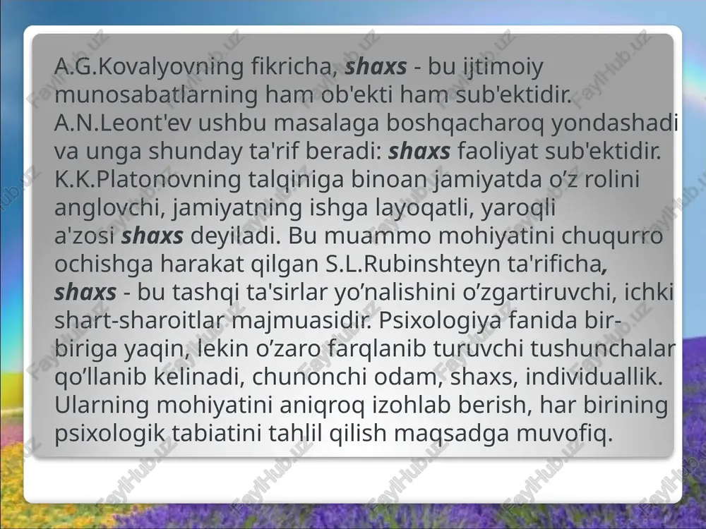 hlaydiganlar oldindan ishonch bilan shunday ish boshlaydilarki, nima qilib boʼlsa ham yutuqqa erishish ular uchun oliy maqsad boʼladi ular hali ishni boshlamay turib, yutuqni kutadilar va shunday ishni amalga oshirishsa, odamlar ularning barcha xarakatlarini maʼqullashlarini biladilar 30 muvaffaqiyatga erishish motivi bu yoʼlda ular nafaqat oʼz kuch va imkoniyatlarini, balki barcha tashqi imkoniyatlar - tanish - bilishlar, mablagʼ kabi omillardan ham foydalanadilar 31 muvaffaqiyatsizliklardan qochish motivi masalan: ular birinchilardan farqli, ishni boshlashdan avval nima boʼlsa ham muvafiqiyatsizlikka duchor boʼlmaslikni oʼylaydilar 32 muvaffaqiyatsizliklardan qochish motivi shu tufayli ularda koʼproq ishonchsizlik, yutuqqa erishishga ishonmaslik, pessimizmga oʼxshash holat kuzatiladi. shuning uchun boʼlsa kerak, oxir - oqibat ular baribir muvaffiqiyatsizlikka uchrab, “oʼzi sira omadim yurishmaydigan odamman-da” degan xulosaga keladi 33 e’tiboringiz uchun rahmat 34 image3.png image4.gif image5.gif image6.gif image7.gif image8.gif image9.gif image10.gif image11.gif image12.jpeg image1.jpeg /docprops/thumbnail.jpeg