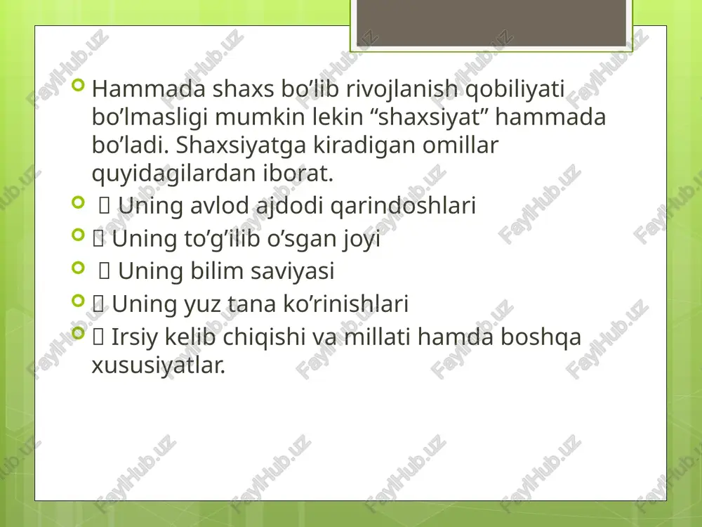vqatlantirishingiz va tinch uxlatishingiz kerak qiziqarli fakt ham ma'lumki, kattalarda 35 yoshdan keyin intellektual stress bo'lmasa, 500 000 neyron o'ladi. bu shuni anglatadiki, doimo rivojlanish kerak. kattaroq bolalarga kelsak, shuni ham yodda tutish kerakki, agar siz bolaga bir marta ma'lumot bersangiz, u bolaning xotirasida qolmasligi mumkin bo'lgan "nozik yo'l" bo'ladi, lekin agar siz ma'lumot va ko'nikmalarni qayta-qayta takrorlasangiz va ularni turli vaziyatlarda mashq qilsangiz, keyin bolaning miyasida kuchli asab ansambllari shakllanadi, bu bolaning intellektual imkoniyatlarini va umuman psixikaning rivojlanishini sezilarli darajada oshiradi. shaxs rivojlanishida faoliyatnig o’rni. shaxs rivojlanishida irsiyat, muhit, tarbiya bilan bir qatorda inson faoliyati ham muhim ahamiyat kasb etadi. bu degani inson qanchalik mehnat qilsa, uning rivojlanishi shunchalik yuqori bo’ladi. faoliyat o’zi nima? faoliyat inson tomonidan tabiiy va ijtimoiy hayotni maqsadga muvofiq o’zgartirishga yo’naltirilgan ijtimoiy-tarixiy turmushning o’ziga xos shaklidir. insonning qobiliyati va yoshi u tomonidan tashkil etilayotgan faoliyat m ohiyatiga ko’ra belgilanadi. faoliyat jarayonida inson shaxsi, har tomonlama …