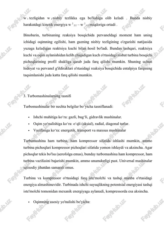 flanadi: · ishchi muhitiga ko‘ra: gazli, bug‘li, gidravlik mashinalar. · oqim yo‘nalishiga ko‘ra: o‘qli (aksial), radial, diagonal turlar. · vazifasiga ko‘ra: energetik, transport va maxsus mashinalar turbomashina ham turbina, ham kompressor sifatida ishlashi mumkin, ammo turbina pichoqlari kompressor pichoqlari sifatida yomon ishlaydi va aksincha. agar pichoqlar tekis bo'lsa (aerofolga emas), bunday turbomashina ham kompressor, ham turbina vazifasini bajarishi mumkin, ammo unumdorligi past. universal mashinalar iqtisodiy jihatdan samarali emas. turbina va kompressor o'rtasidagi farq iste'molchi va tashqi manba o'rtasidagi energiya almashinuvidir. turbinada ishchi suyuqlikning potentsial energiyasi tashqi iste'molchi tomonidan mexanik energiyaga aylanadi, kompressorda esa aksincha. · oqimning asosiy yo'nalishi bo'yicha: kompressorlar markazdan qochma yoki eksenel bo'lishi mumkin . eksenel va markazdan qochma kompressorlar pervaneldagi birlamchi oqim yo'nalishi bo'yicha farqlanadi. eksenel kompressorda oqim yo'nalishi pervanelning aylanish o'qiga to'g'ri keladi, markazdan qochma kompressorda esa oqim radial harakat qiladi. eksenel kompressorning samaradorligi markazdan qochma kompressordan ustundir. afzalliklari va kamchiliklari 1. eksenel kompressorlarning asosiy afzalligi …
