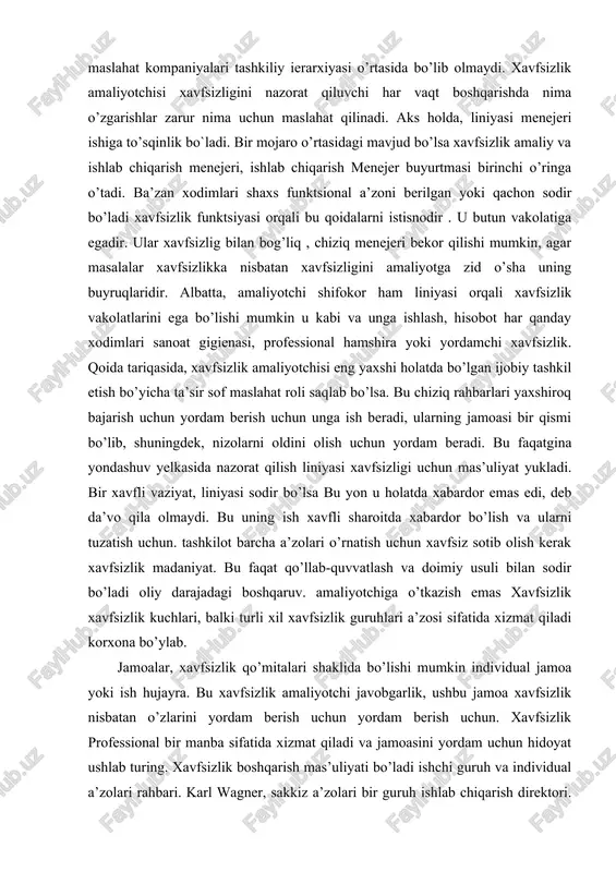 il xavfsizlik guruhlari a’zosi sifatida xizmat qiladi korxona bo’ylab. jamoalar, xavfsizlik qo’mitalari shaklida bo’lishi mumkin individual jamoa yoki ish hujayra. bu xavfsizlik amaliyotchi javobgarlik, ushbu jamoa xavfsizlik nisbatan o’zlarini yordam berish uchun yordam berish uchun. xavfsizlik professional bir manba sifatida xizmat qiladi va jamoasini yordam uchun hidoyat ushlab turing. xavfsizlik boshqarish mas’uliyati bo’ladi ishchi guruh va individual a’zolari rahbari. karl wagner, sakkiz a’zolari bir guruh ishlab chiqarish direktori. guruhning vazifasi yuqori sifatli yaratish, sadaf kabi qoplama metall mebel. karl majburiyatlari ishlab chiqarish sifat nazorati direktori bo’ladi xavfsizlik funktsiyasi. qachon o’simlik xavfsizlik boshqaruvchi biri karl xodimlari, belgilangan shaxsiy himoya uskunalar yordamida emas bu karl bilan muammoni hal. karl atrofida bo’lmasa, xavfsizlik boshqaruvchi xodim muammo bilan muhokama qiladi. bu aslida charlz ish xavfsiz ekipaj ishida u xodimlarini ko’rish uchun. karl bo’lsa xodim shaxsiy himoya uskunalar kiyish emas o’rganadi u noqulay, chunki, u masala xavfsizlik muhokama menejeri. karl yordam va uni hal qilishga …