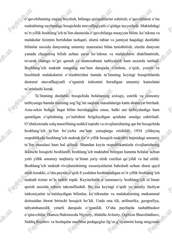 ffaqiyatli o’rganish imkonini beradigan umumiy kamolatni ta’minlashi kerak. ta’limning dastlabki bosqichida bolalarning axloqiy, estetik va jismoniy tarbiyasiga hamda ularning sog’lig’ini saqlash masalalariga katta ahamiyat beriladi. asta-sekin bolaga faqat bilim berishgagina emas, balki uni tarbiyalashga ham qaratilgan o’qitishning yo’nalishini belgilaydigan qoidalar amalga oshiriladi. o’zbekistonda xalq maorifining tashkil topishi va rivojlanishining qar bir bosqichida boshlang’ich ta’lim bo’yicha ma’lum yutuqlarga erishildi. 1934 yildayoq respublikada boshlang’ich maktab (to’rt yillik bosqich maktabi) hajmidagi umumiy ta’lim masalasi ham hal qilindi. shundan keyin respublikamizda rivojlanishning ikkinchi bosqichi boshlanib, boshlang’ich maktabni bitirgan hamma bolalar uchun yetti yillik umumiy majburiy ta’limni joriy etish vazifasi qo’yildi va hal etildi. boshlang’ich maktab rivojlanishining xususiyatlarini baholash uchun shuni qayd etish kerakki, o’sha paytda o’qish 8 yoshdan boshlanadigan to’rt yillik boshlang’ich maktab tizimi to’la tarkib topdi. keyinchalik u zamonaviy boshlang’ich ta’limni qurish asosida tobora takomillashdi. bu esa keyingi o’qish va amaliy faoliyat imkoniyatini ta’minlaydigan bilimlar, ko’nikmalar va malakalarning mukammal doirasidan iborat birinchi bosqich …