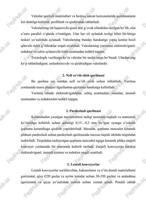 li konveyerlar keng ishlatiladi. lentali konveyerlar yetaklovchi baraban, taranglovchi baraban, lenta, yuklovchi moslama, ish va salt roliklari, go’zg’almas stanina va tushiruvchi (bo’shatuvchi) moslamadan iborat. afzalligi: tuzilishi sodda, ishonchli, unumdorligi yuqori, kam energiya sarflaydi va xizmat qiluvchi ishchilar soni kam. kamchiligi: lentasi uzoq vaqt ishlashga chidamli emas va tannarxi qimmat. 2. elevatorlar elevatorlar sochiluvchi yoki donali yuklarni vertikal yoki qiya yo’nalishda tashish uchun ishlatiladi.ular cho’michli, tokchali va kajavali turlarga bo’linadi. cho’michli elevatorlardan turli sochiluvchan, changsimon va donali yuklarni vertikal (60 m gacha) yoki qiya (x>700) yo’nalishda tashish uchun foydalaniladi. cho’michli elevatorlarning ish unumdorligi 5 dan 600 m3/soat gacha bo’ladi.ularda cho’mich-ko’taruvchi jism, cho’michlar montaj qilingan vtulka-rolikli zanjir yoki rezinalangan lenta esa tortuvchi jism hisoblanadi. tortuvchi jism elevator va yukning xarakteristikasiga qarab tanlanadi. agar tashiladigan material sochiluvchan bo’lsa, u qolda rezinalangan lenta ishlatiladi va uning tezligi 3,5 m/s dan oshmaydi. agar tashiladigan material katta donali va issiq materiallardan iborat bo’lib, katta balandlikka tashilsa, …
