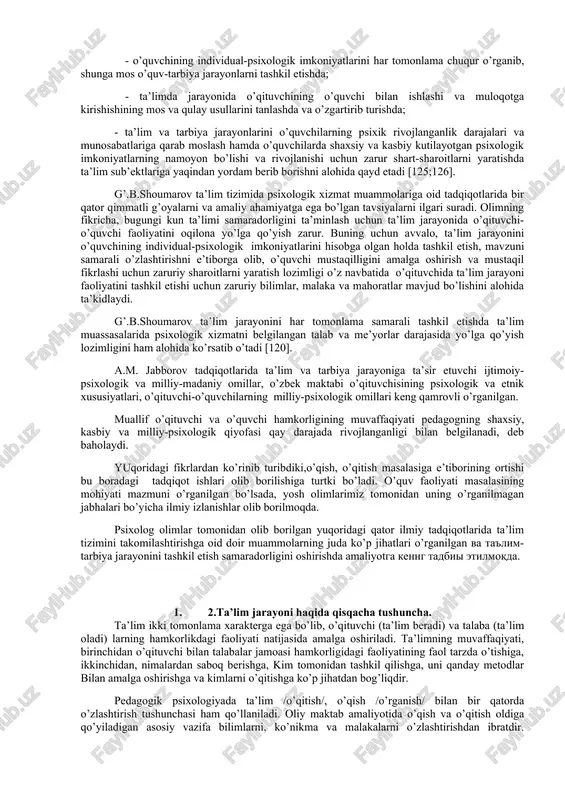 rishga qaratilgan turli psixologik jabhalarni o’rganish keyingi yillarda o’zbekistonda ham amaliyotchi psixologlarni tayyorlash va uning o’rni va vazifalarini tadqiq qilish psixologiya fanining keng tadqiqot ob’ektiga aylanib bormoqda. m.g.davletshin o’z tadqiqotlarida o’quvchilarning o’qish faoliyatidagi ko’nikma, malakalarni hosil bo’lishi va psixik qobiliyatlarni rivojlantirish masalalarini ilgari surdi. shuningdek, uning shogirdlari tomonidan tadqiqot muammosini ilmiy dalillar asosida asoslab berganlar. m.g.davletshin ta’lim tizimida o’quv-tarbiya jarayonlarini tashkil etish va uning samaradorligini oshirishda o’qituvchi bilan o’quvchilar faoliyatining sostial-psixologik mexanizmlaridan o’rinli foydalanish zamonaviy pedagogda muallimning shaxsiga, kasbiga xos xislatlarning mujassam bo’lishi va ulardan o’qitishda o’rinli, me’yori bilan foydalana olishini nazarda tutadi. shuningdek, o’qituvchining ezgu maqsad sari intilishi, uddaburonligi, mehnatsevarligi, kamtarligi, haqgo’yligi, sadoqatli bo’lishi, xulq-atvori, yurish turishi, o’zini qo’lga ola bilishi, tashqi qiyofasi, xullas, o’qituvchining milliy va umuminsoniy ahloq me’yorlariga mos keluvchi sifat hamda fazilatlari ta’lim jarayonida o’qituvchi bilan o’quvchi faoliyatining samarasini ta’minlovchi muhim omillar ekanligini e’tirof etadi. psixolog e.g’oziev tomonidan ham o’quvchilar o’quv faoliyatlari xususiyatlari o’quvchilar o’qish jarayonlari …