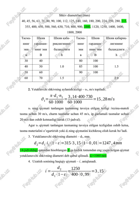 o’ra 10, 11, 12 - jadvallardan tanlanadi, =5 mm, z=4 mm, aniqlangan qiymat bo’yicha tasmaning eni 10, 11, 12 - jadvallardan tanlanadi b = 125 mm. b) aylana kuch – ft ; h v) yetaklovchi va yetaklanuvchi tarmoqlarning taranglik kuchi f1, f2 (markazdan qochma kuchning tasma tarangligiga ta’siri hisobga olinmagan); n n g) shkiv valiga ta’sir etuvchi kuch fv ; n 13. tasmadagi kuchlanishlarni aniqlash: a) eng katta kuchlanish yetaklovchi tarmoqda bo’lib, f1 kuchi ta’sirida hosil bo’lgan kuchlanishidir; , mpa b) tasmaning shkivni qamrab turgan joyida hosil bo’lgan eguvchi kuchlanish; mpa e-tasma materialning elastiklik moduli bo’lib, 13-jadvaldan olindi (e=100 mpa). kapronli tasmalar uchun esa e=600 mpa deb qabul qilinadi. v) markazdan qochma kuch ta’sirida hosil bo’ladigan kuchlanish; mpa tasma zichligi bo’lib, rezina-mato-chilvirli tasmalar uchun 1100-1200 kg/m3, charmli tasmalar uchun 1000-1100 kg/m3 , ip gazlamali tasmalar uchun 900-1000 kg/m3 . g) maksimal kuchlanish esa, mpa maksimal kuchlanishning hisobiy qiymati doimo rezina-matoli …