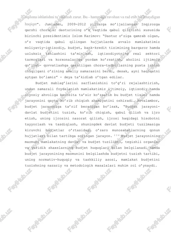 taqilligi-o’z daromadlari manbalari va ulardan foydalanish yo’nalishlarini belgilash huquqi bilan ta’minlanadi; 3. balans usuli-jami budjetlarning daromadlari va xarajatlari o’rtasida, shuningdek, moddiy va moliyaviy ko’rsatkichlar o’rtasida to’g’ri nisbatlarni belgilashni nazarda tutadi. budjet jarayoni budjetni rejalashtirishdan boshlanadi. budjetni rejalashtirish davlat moliyaviy siyosati talablariga muvofiqlashtirilgan moliyaviy rejalashtirishning muhim tarkibiy qismini tashkil qiladi. bunday rejalashtirishning iqtisodiy vazifasi turli darajadagi budjetlar va budjetdan tashqari jamg’armalarni tuzish va ijro etish jarayonida mamlakatni ijtimoiy-iqtisodiy rivojlantirishning umummilliy dasturlari asosida yalpi ichki mahsulot va milliy daromad qiymatini moliya tizmi bo’g’inlari o’rtasida markazlashtirilgan tarzda qayta taqsimlash proporsiyalarini to’g’ri belgilashdan iboratdir. budjet loyihasini tuzish budjet jarayonining eng muhim bosqichlaridan biri hisoblanadi. davlat budjetining loyihasini tuzish (yaratish, ishlab chiqish) bo’yicha ishlar yangi budjet yilining boshlanishidan ancha oldin, masalan, o’zbekistonda 7 oy oldin boshlanadi. uning loyihasini tuzish ijroiya hokimyati organlari, odatda, moliya vazirligi, g’aznachilik tomonidan amalga oshiriladi. ba’zi bir mamlakatlarda budjet loyihasini tuzish davlat ijroiya hokimyati boshlig’i (rahbari)ning kelgusi yilga mo’ljallangan ijtimoiy-iqtisodiy siyosatining …