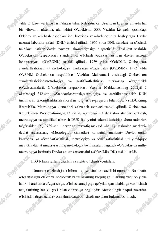 r vaqtda o’tkaziladigan o’lchashlar. masalan, rezistorning 20oc dagi qiymatini turli temperaturalarda o’lchab topish. rt=r0(1+αt2) mutloq o’lchash – bir yoki bir necha asosiy kattaliklarni bevosita o’lchanishini va (yoki) fizikaviy doimiylikning qiymatlarini qo’llash asosida o’tkaziladigan o’lchash. nisbiy o’lchash – kattalik bilan birlik o’rnida olingan nomdosh kattalikning nisbatini yoki asos qilib olingan kattalikka nisbatan nomdosh kattalikning o’zgarishini o’lchash. o’lchash usuli deganda, o’lchash qonun – qoidalari va o’lchash vositalaridan foydalanib, kattalikni uning birligi bilan solishtirish usullari tushuniladi. bevosita baholash usuli – bevosita o’lchash asbobining kuzatish qurilmasi yordamida to’g’ridan – to’g’ri o’lchanayotgan kattalikning (uning aynan o’lchov birligida) qiymatini topish. masalan, kuchlanishni vol’tmetr yordamida o’lchash. o’lchov bilan taqqoslash (solishtirish) usuli – o’lchanayotgan kattalikni o’lchov orqali yaratilgan kattalik bilan taqqoslash usuli bo’lib, bir nechta turlari mavjud: nolga keltirish usuli – bunda kattalikning taqqoslash asbobiga ta’siri natijasini nolga keltirish lozim bo’ladi. masalan, qarshilikni to’la muvozanatlanadigan ko’prik yordamida o’lchash. differensial (ayirmali) o’lchash usuli – o’lchov bilan taqqoslash usulining bir …