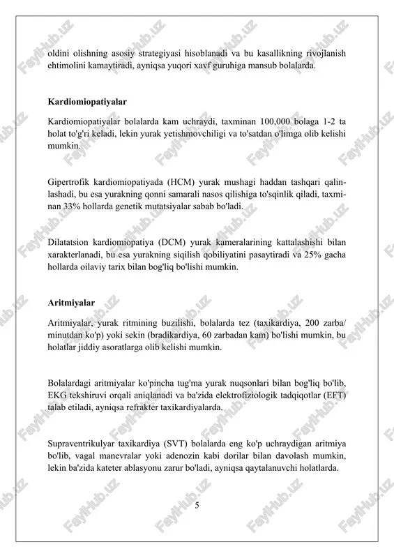 tatin terapiyasi qo'llanilishi mumkin. prognoz va uzoq muddatli natijalar bolalarda yurak-qon tomir kasalliklarining uzoq muddatli natijalari jiddiy bo'lishi mumkin, masalan, 20-30% holatlarda yurak yetishmovchiligi yoki aritmiya kabi asoratlar kuzatilishi mumkin. odatda, operatsiyadan keyingi 5-10 yil ichida tug'ma yurak nuqsoni bo'lgan bolalarning taxminan 15%ida reabilitatsiya choralari yoki qo'shimcha tibbiy yordam talab etilishi mumkin. kardiomiopatiya bilan kasallangan bolalarning prognozi o'zgaruvchan bo'lib, 25%gacha bemorlarda 10 yil ichida yurak transplantatsiyasi yoki o'lim kuzatilishi mumkin. xulosa bolalardagi yurak-qon tomir kasalliklari erta tashxis va davolanishni talab etadi, bu esa bolalarning sog'lig'i va kelajakdagi farovonligi uchun muhim ahamiyatga ega. foydalanilgan adabiyotlar 1. park, m. k. (2019). park’s pediatric cardiology for practitioners. 6th ed. philadelphia, pa: elsevier. 2. moller, j. h., hoffman, j. i. e. (2013). moller and hoffman pediatric cardiovascular medicine. 2nd ed. chichester, uk: wiley-blackwell. 3. allen, h. d ( 0 0 0 ) ( 7 )