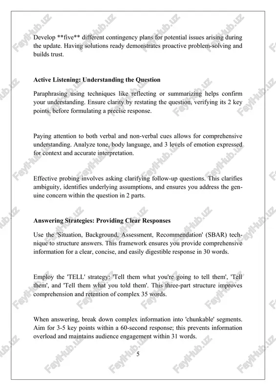 questions, to refine your on-the-spot thinking and response strategies. use data tracking. log each presentation's positive and negative feedback. review trends after 5 sessions to discover weaknesses and implement changes. refine strategies in upcoming sessions. q session: putting it all together in q, synthesize your knowledge from sections 1 through 5; anticipating **80%** of questions will boost your confidence and preparedness in delivering complete answers. a **10-second** pause before responding allows you to gather thoughts, structure the answer, and demonstrate thoughtful consideration. this improves clarity and accuracy. implement the **'repeat, answer, benefit'** strategy, for example, rephrasing questions, providing a direct answer, then articulating the value to the audience. conclusion in conclusion, providing regular updates and effectively addressing questions fosters trust and transparency. this open communication ensures clarity, manages expectations, and strengthens relationships with stakeholders. references 1. ancona, d., malone, t. w., orlikowski, w. j., senge, p. m. (2007). in praise …