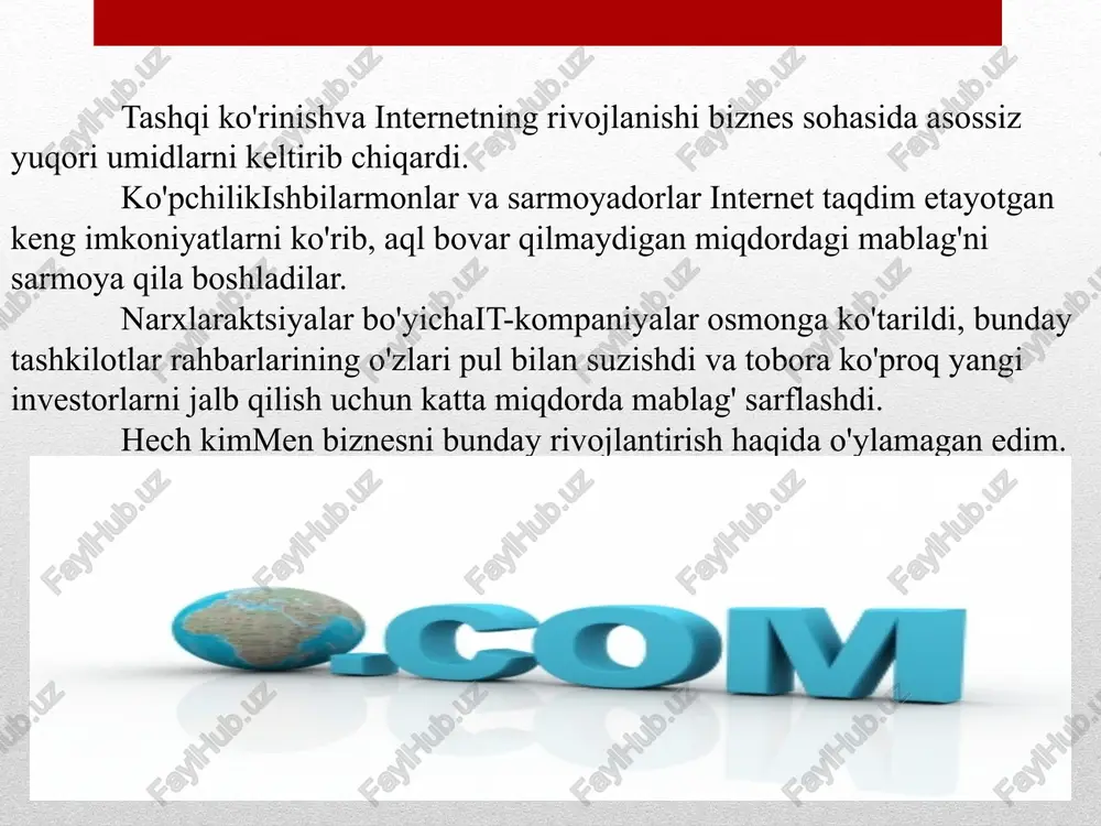 aqida hayajonlanish juda qiyin. men hech qanday aktsiya tanlashni xohlamayman.faang, chunki bu beshta aktsiya umumiy bozor o'sishining juda katta ulushini tashkil qiladi. birjafacebook,amazon,olma,netflixvagooglebozor indeksi o'sishining 30% dan ortig'i uchun javobgardirs&p2017 yilda bo'lib o'tgan 500. tomonidankompaniyalarfaangqisqa lavozimga kirish juda qiyin, chunki: ular iste'dodli va iste'dodli odamlarni birlashtiradi. ularning yagona maqsadi eng aqlli odamlarni yollash va ularga murakkab muammolarni hal qilish erkinligini berishdir. ular jamoatchilikni kuzatish jarayonida passiv ishtirok etadilar. cnbcu vaqtining 90 foizini aktsiyalarga sarflaydi.faang. bu shunchaki aqldan ozish. lekin sizni ishontirib aytamanki, aktsiyalarfaangaylanadi. bu aktsiyalar ortida turgan kompaniyalar dunyoni o'zgartirayotgan bo'lishi mumkin, ammo gap bu emas. bu qimmatli qog'ozlar shunchaki ortiqcha baholangan..» jared dillian foydalanilgan manbalar: pufakdot-coms: qanday ekanedi.url:https://4brain.ru/blog/pufak -dot-coms-qanday edi/ pufakdot-coms.url:http://www.cotinvestor.ru/obuchajushhie-materialy/jekonomicheskie-krizisy/puzyr-dotkomov/ pufakdot-coms- "yangi iqtisodiyot" ni tuzatish".url:https://utmagazine.ru/posts/17491-puzyr-dotkomov-korrekciya-novoy-ekonomiki image2.jpeg image3.png image4.jpeg image5.jpeg image6.jpeg image7.jpeg image8.jpeg image9.jpeg image10.jpeg /docprops/thumbnail.jpeg