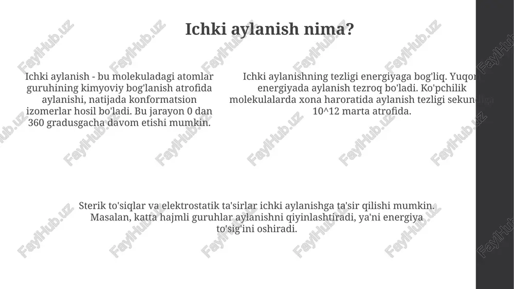 him ahamiyatga ega. energetik to'siqlar energetik to'siqlar molekulalarning ichki aylanishi davomida potensial energiyaning maksimal qiymatini ifodalaydi, odatda kilojoul/mol (kj/mol) birligida o'lchanadi. energetik to'siqlar aylanish burchagi bilan o'zgaradi va torsion burchagi 0 dan 360 gradusgacha o'zgarganda potensial energiya minimal va maksimal nuqtalarni ko'rsatadi. energetik to'siqlar aylanish burchagi bilan o'zgaradi va torsion burchagi 0 dan 360 gradusgacha o'zgarganda potensial energiya minimal va maksimal nuqtalarni ko'rsatadi. aylanish tezligiga ta'sir etuvchi omillar molekuladagi bog'lanish tartibi (bir, ikki, uch) aylanma tezlikka bevosita ta'sir qiladi. yuqori tartibli bog'lanishlar (2 yoki 3) qattiqroq bo'lib, aylanish erkinligini sezilarli darajada cheklaydi. molekuladagi atomlarning massasi katta bo'lsa, aylanma tezlik kamayadi, chunki inersiya momenti ortadi. bu, ayniqsa, katta guruhlarning (100 amu dan ortiq) aylanishiga sezilarli ta'sir ko'rsatadi. haroratning oshishi aylanma tezlikni oshiradi. yuqori haroratlarda molekulalar ko'proq kinetik energiyaga ega bo'lib, potensial to'siqlarni osonroq yengib o'tadi va tezroq aylanadi. konformatsion analizning qo'llanilishi organik kimyoda, ayniqsa sikloheksan hosilalarida, konformatsion analiz reaksiyalarning stereokimyosini aniqlashda, …