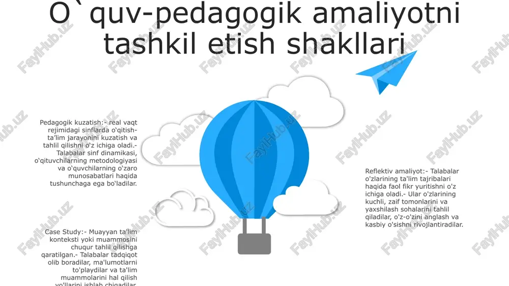 ni kengaytirish, sinfdagi o‘qitishni to‘ldirish, real vaqtda fikr-mulohazalarni taqdim etish va o‘quvchilarga maktab devorlaridan tashqarida ham ta’lim resurslaridan foydalanish imkoniyatini berish uchun texnologiyani muammosiz integratsiyalash. o'quv va pedagogik amaliyotning masofaviy va onlayn shakllari masofaviy ta'lim: geografik to'siqlar yo'q qilinadi, bu turli joylardan kelgan talabalarga ta'lim imkoniyatlaridan foydalanish imkonini beradi. ta'limning onlayn shakllari: interaktiv ta'lim tajribasi, hamkorlikni kuchaytirish va shaxsiy fikr-mulohazalarni taqdim etish uchun raqamli platformalardan foydalanadi. pedagogik amaliyot: faol o'rganish, tanqidiy fikrlash va o'quvchilarning faolligini oshirish uchun innovatsion strategiya va texnologiyalarni o'z ichiga oladi. s w o t swot ta'lim va pedagogik amaliyot sohasida xalqaro hamkorlik innovatsion pedagogika bo‘yicha hamkorlik: muassasalar bo‘ylab ilg‘or tajriba va metodologiyalarni almashish innovatsiyalarni rag‘batlantiradi va o‘qitish usullarini yaxshilaydi. kengaytirilgan talabalar ta'limi: xalqaro hamkorlik talabalar almashinuvi dasturlarini osonlashtiradi, bu esa o'quvchilarga turli xil ta'lim muhitlarida sho'ng'ish, dunyoqarashini kengaytirish va global vakolatlarga ega bo'lish imkonini beradi. pedagoglarning salohiyatini oshirish: xorijiy muassasalar bilan hamkorlik o‘qituvchilarga o‘z malakalarini oshirish, …