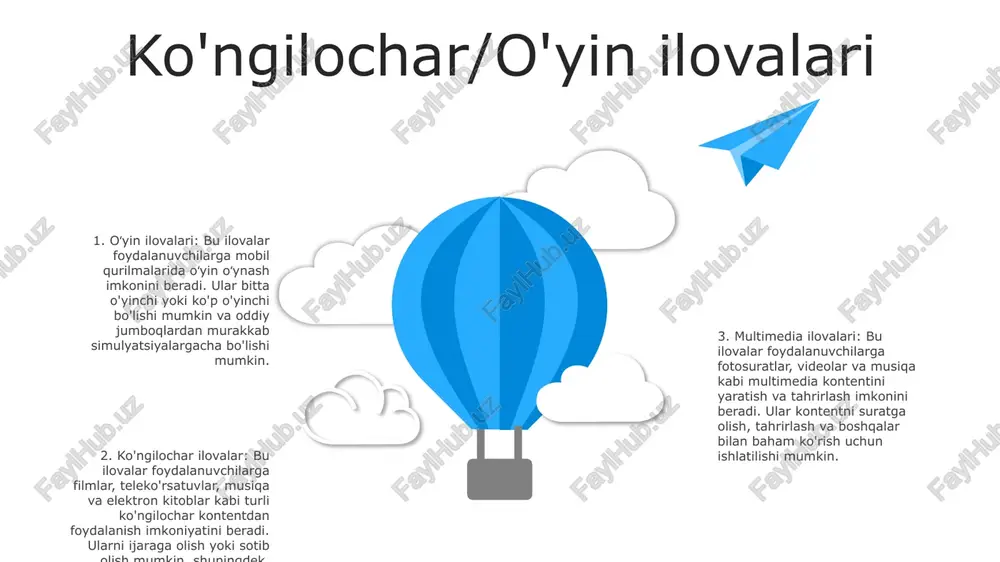 tsiya kabi turli xil media elementlarini o'qitish va o'qitish jarayonlariga integratsiyalashuvidir. multimedia turlari: ta'limda multimedianing ko'plab turlari mavjud, jumladan interaktiv taqdimotlar, simulyatsiyalar, o'quv o'yinlari va turli media formatlarini birlashtirgan onlayn resurslar. multimedianing ta'limdagi afzalliklari: multimedia o'quvchilarning faolligini oshirishi, tushunishni yaxshilashi, shaxsiylashtirilgan ta'lim tajribasini taqdim etishi va turli xil o'rganish uslublariga mos kelishi mumkin. shuningdek, u mavhum tushunchalarni aniqroq qilish va tanqidiy fikrlashni rivojlantirishi mumkin. s w o t swot o'yin-kulgida multimedia o‘yin-kulgida multimedia:- immersiv tajribalar orqali hikoya qilishni yaxshilaydi.- interfaol simulyatsiyalar va virtual olamlar bilan tomoshabinlarni o‘ziga jalb qiladi.- ko‘p o‘yinchi o‘yin va striming platformalari orqali ijtimoiy aloqalarni mustahkamlaydi. electronic arts and multimedia:- video o'yinlar o'yin-kulgini interaktiv hikoyalar bilan uyg'unlashtiradi.- musiqa ishlab chiqarish dasturi raqamli audioni yaratish va boshqarish imkonini beradi.- mobil ilovalar ko'chma o'yin-kulgi va aloqani taklif qiladi. multimedia platformalarining turlari:- veb-saytlar: matn, tasvir, audio va video kontentni taqdim eting.- mobil telefonlar: portativlik, interfaol ilovalar va multimediali xabar almashishni …