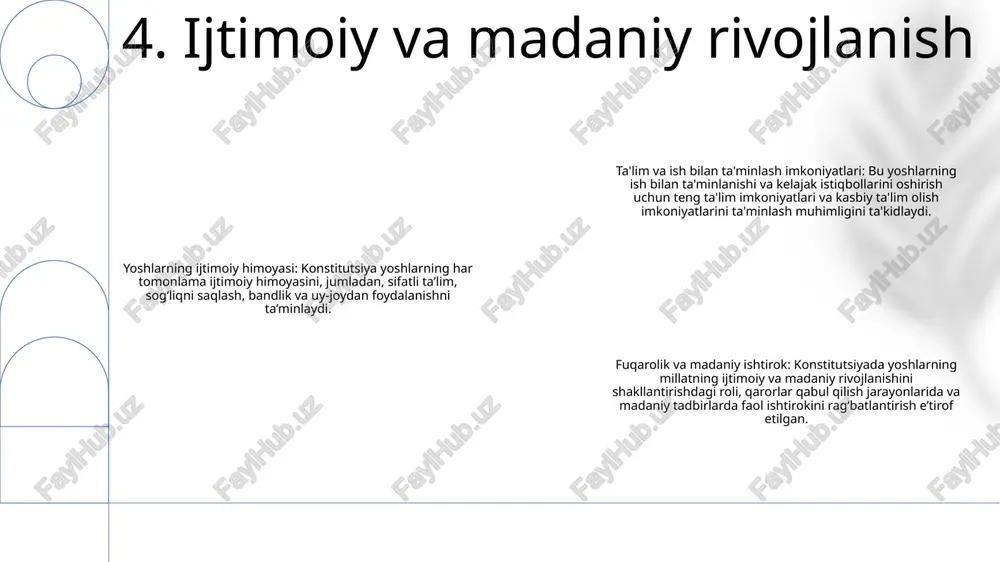 odlar farovonligi uchun iqtisodiy o‘sishni atrof-muhitni muhofaza qilish bilan muvozanatlash muhimligini tan oladi. 3. yoshlarning faolligi: konstitutsiya yoshlarning qarorlar qabul qilishda ishtirok etish huquqini tan olish va barqaror amaliyotlardan xabardorligini oshirish orqali atrof-muhit muammolariga jalb qilish imkoniyatini beradi. 12. barqarorlik va ekologik xabardorlik e'tiboringiz uchun rahmat @taqdimot_robot image1.png /docprops/thumbnail.jpeg