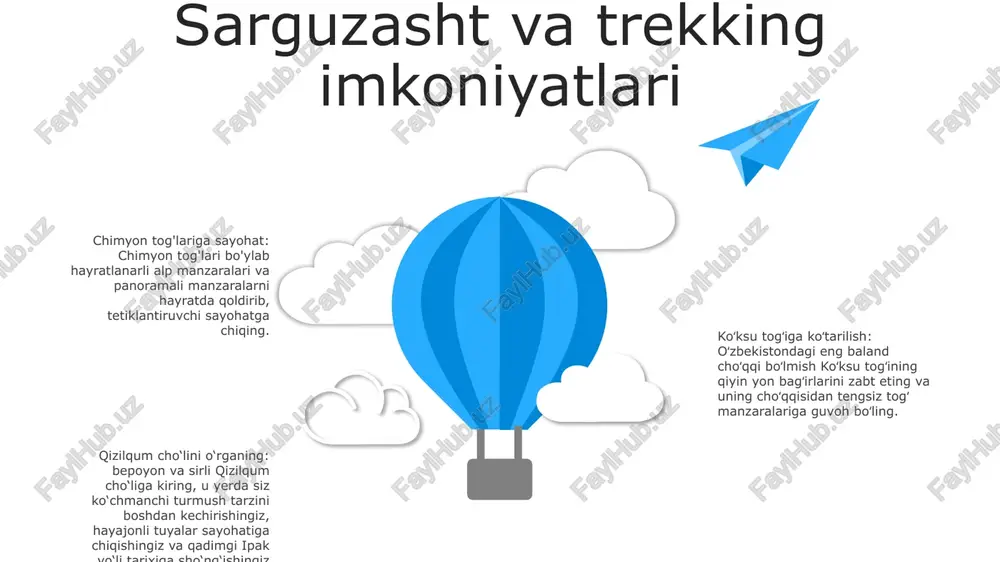 anʼanaviy hunarmandchilikni saqlash va targʻib qilishga qaratilgan. sarguzasht va tabiatga asoslangan turizm: mamlakatning xilma-xil landshaftlari va tabiiy mo''jizalari sayohatlar, trekkinglar, yovvoyi tabiat safarilari va madaniy almashinuv dasturlari kabi sarguzasht va tabiatga asoslangan turizm faoliyati uchun potentsialni taklif qiladi. s w o t swot e'tiboringiz uchun rahmat @taqdimot_robot image12.jpg image3.jpg image2.jpg /docprops/thumbnail.jpeg