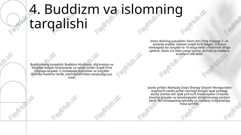 rtasida g'oyalar, madaniyatlar va texnologiyalar almashinuvini osonlashtirdi. ahamiyati: ipak yoʻli savdo yoʻllari asrlar davomida sharq va gʻarbni bogʻlashda hal qiluvchi rol oʻynagan. ular iqtisodiy o'sishni, madaniy tarqalishni va turli mintaqalar o'rtasidagi diplomatik aloqalarni qo'llab-quvvatladilar. 11. ipak yo'li savdo yo'llari xaritasi 1: taxminan miloddan avvalgi 200-yil – tashkil etilishi: ipak yoʻli xitoyda xan sulolasi davrida sharqiy osiyoni markaziy osiyo, yaqin sharq va yevropa bilan bogʻlovchi savdo yoʻllari tarmogʻi sifatida paydo boʻlgan. 2: milodiy 2-15-asrlar - rivojlanish: ipak yoʻli turli tsivilizatsiyalar oʻrtasida tovarlar, gʻoyalar va madaniyatlar almashinuvini osonlashtirib, savdo-sotiqning asosiy yoʻli sifatida gullab-yashnadi. 3: milodiy 16-asr - tanazzul: ipak yoʻli dengiz savdo yoʻllarining koʻtarilishi va yevropa mustamlakachiligining kengayishi bilan asta-sekin tanazzulga yuz tutdi, bu savdo shakllarini oʻzgartirdi va quruqlik yoʻllarining ahamiyatini pasaytirdi. 12. ipak yo'li xronologiyasi ipak yo'li tovarlari: - ipak, choy, kulolchilik, paxta, ziravorlar, mevalar va qimmatbaho toshlar. oʻrta osiyoda savdo yoʻllari:- xiva, buxoro, samarqand va marv yirik savdo markazlari boʻlgan.- …