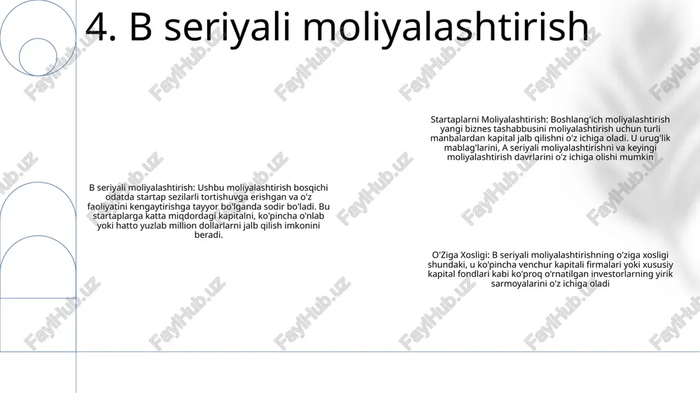 kiradi crowdfunding va an'anaviy moliyalashtirish o'rtasidagi asosiy farqlarcrowdfunding an'anaviy moliyalashtirishga nisbatan bir qancha muhim afzalliklarni taklif etadi: - kengroq qamrov: crowdfunding platformalari startaplarga potentsial investorlarning ko'proq puli bilan bog'lanish imkonini beradi 9. kraudfanding hukumat grantlari: tadqiqot, innovatsiyalar va iqtisodiy rivojlanish loyihalari uchun davlat idoralari tomonidan moliyalashtirish, odatda, muayyan muvofiqlik mezonlari va natijalar bilan. startaplarni moliyalashtirish: urug'lik mablag'lari, farishta sarmoyasi, venchur kapitali va yuqori o'sish potentsialiga ega bo'lgan boshlang'ich kompaniyalarni qo'llab-quvvatlash uchun maxsus ishlab chiqilgan boshqa kapital manbalari. o'ziga xosligi:davlat grantlari odatda boshlang'ich moliyalashtirishdan ko'ra qat'iyroq ariza talablari va uzoqroq tasdiqlash jarayonlariga ega bo'lib, ular moslashuvchan va yosh kompaniyalarning o'ziga xos ehtiyojlariga moslashtirilgan 10. davlat grantlari inkubatorlar - ular yangi tashkil etilgan kompaniyalarga murabbiylik, o'qitish va ish joylarini taklif qiladigan tashkilotlar - ular kompaniyalarning dastlabki rivojlanish bosqichlarida yordam beradi. akseleratorlar- ular biroz ilg'or startaplarga konsentratsiyalangan qo'llab-quvvatlash dasturlarini taklif qilishadi.- ular kapital, murabbiylik va tarmoq imkoniyatlarini taqdim etadilar. startaplar uchun moliyalashtirish - …