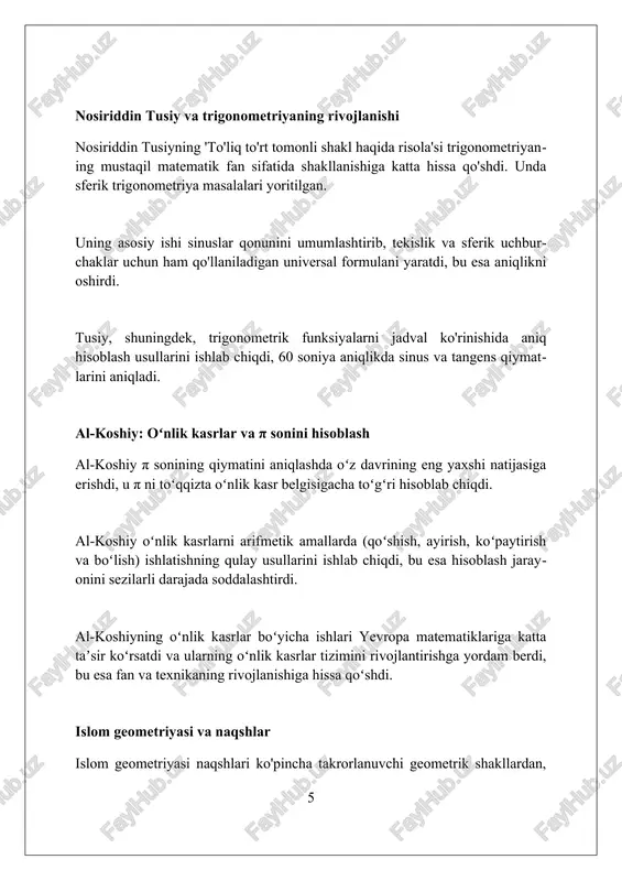 ing "tib qonunlari" asarida barcha tibbiy bilimlarni 5 ta kitobda birlashtirgan boʻlib, klinik kuzatuvlar, farmakologiya va jarrohlik boʻlimlarini oʻz ichiga oladi. "xulosa" al-xorazmiyning "al-jabr val-muqobala" asarining oxirida algebraik tenglamalarni yechishning umumiy usullari, jumladan kvadrat tenglamalarni yechishning 6 ta formulasiga ta'rif berilgan. xulosa oʻrta asr sharq olimlarining matematikaga qoʻshgan hissasi bebaho boʻlib, bu sohaning rivojlanishiga va dunyoqarashning shakllanishiga katta taʼsir koʻrsatdi. foydalanilgan adabiyotlar 1. berggren, j. l. mathematics in medieval islam. university of texas press, 2007. 2. kats, v. j. a history of mathematics: an introduction. 3rd ed. addison-wesley, 2009. 3. rashed, r. the development of arabic mathematics: between arithmetic and algebra ( 0 0 0 ) ( 7 )