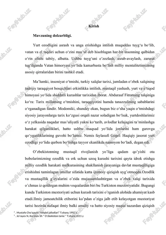 ro’y bergani kabi turkistonda ham siyosiy hayot niyatda jadallashdi. muxtoriyat vujudga kelishi faoliyatini o’rganishga bag’shlagan asarlar juda ko’p. xususan mustafo cho’qay o’g’li zaki validiy,saidakbar a`zimxo`jayev, alimoza d, rashidova d, kabi tarixc olim va olimalarimiz asarlarida muxtoriyat tarixi keng yoritilgan.2 mustaqillikdan so`ng nashr etilgan tarixchi olimlarimiz n. jo`rayev sh. karimov doniyorov shoniyoz muallifligida yozilgan kitob va darsliklarda muxtoriyat hukumati va faoliyatiga keng ajratilgan3. bizga taqdim etilgan ma`lumotlar orasida xulosa chiqarish biz tarixchilar oldida turgan muhim vazifadir. mavzuni maqsad va vazifalari. mavzuni o`rganishdan maqsad uzoq yillar davomida qoralanib kelgan turkistonni mustaqil yo`lida jon fido etgan, muxtoriyachilar nomini oqlashnoto`g`ri talqin etilgan tarixga xolis bahoni berishdan iboratdir. shu maqsaddan kelib chiqqan holda oldimizga quyidagi vazifalarni belgilash: --- muxtoriyathukumati o`lkada vujudga kelgan demokratik an`analarga mos davlat ekanligini o`quvchilarga yoritib berish. --- mustabit tuzum tomonidan muxtoriyat va taziqlarini fosh etish. ---muxtoriyatni vujudga kelish jarayonini faoliyatini zavolga yuz tutish sabablarini o’rganib xulosa chiqarish va boshqalar. mavzuni ilmiy …