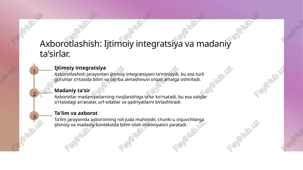 i roli va ahamiyati. 1 axborotning ahamiyati axborot, ta'lim jarayonida muhim rol o'ynaydi. u bilim olish uchun zarur bo'lgan ma'lumotlarni taqdim etadi va o'quvchilarning fikrlash qobiliyatini rivojlantiradi. 2 ta'limda qo'llanish axborotni ta'limda samarali qo'llash, o'quvchilarni mustaqil fikrlashga, tanqidiy yondashuvga va muammolarni hal qilishga o'rgatadi. bu, o'z navbatida, ularning muvaffaqiyatini oshiradi. 3 innovatsion yondashuvlar axborotning ta'lim jarayonida innovatsion yondashuvlar bilan qo'llanilishi, yangi texnologiyalarni va interaktiv metodlarni o'z ichiga oladi, bu esa ta'lim sifatini oshiradi. ta'limda axborot manbalaridan samarali foydalanish. axborot manbalari raqamli resurslar ta'lim jarayonida ta'limda axborot manbalari o'qituvchilar va talabalarga muhim bilimlarni taqdim etishda asosiy rol o'ynaydi, ularni samarali ravishda tanlash zarur. raqamli ta'lim resurslari, masalan, onlayn kutubxonalar va ta'lim platformalari, o'qitishda yangi imkoniyatlar yaratadi va ma'lumotlarni tez topishga yordam beradi. axborot manbalaridan samarali foydalanish ta'lim jarayonini yanada samarali qiladi, talabalar bilimini chuqurlashtiradi va ularning mustaqil fikrlash qobiliyatini oshiradi. axborot texnologiyalarining ta'limga ta'siri. axborot texnologiyalari axborot texnologiyalari ta'lim jarayonlarini sezilarli …