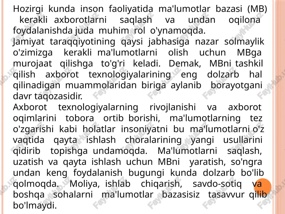 zilishi uchun uning tarkibiga kiruvchi maydolar tarkibi va joylashishi ketma-ketligi bilan aniqlanib, ularni har biri ichida elementar yozuvlarning nusxasi deb ataladi. yozuv ob'ektning biror bir elementi haqida to'liq ma'lumotni ifodalaydi. ob'yekt (jadval) - bu bir xil tuzilmaga ega bo'lgan yozuvning nusxalar to'plamidir. u o'zicha har bir maydonda qiymatga ega. misol. student ob'yektdagi yozuvlarning mantiqiy strukturasini tavsiflashga doir misolda ko'rsatilgan. student faylidagi yozuvning tuzilishi chiziqli bo'lib, u o'zgarmas uzunlikdagi yozuvlardan iborat. yozuv maydonlari takrorlanuvchi qiymatlar guruhiga ega emas. maydon qiymatiga murojaat uning nomeri bo'yicha amalga oshiriladi. har bir mb jadvali o'zining birlamchi kalitiga ega bo'lishi mumkin. birlamchi kalit deganda yozuvlar kaytarilmasligini ta'minlovchi maydon yoki maydonlar guruxi tushiniladi. birlamchi kalit sifatida ishlatiladigan maydon yoki maydonlar guruxi, bir xil yozuvga ega bo'lmaslik shartini bajarishi kerak. boshqa maydonlarida bir xil yozuvlar takrorlanishi mumkin. shu sabab ular birlamchi kalit bo'la olmaydi. birlamchi kalit qisqa va sonli maydonlardan tashkil topishi maqsadga muvofiqdir. mb jadvaliga birlamchi kalitni …