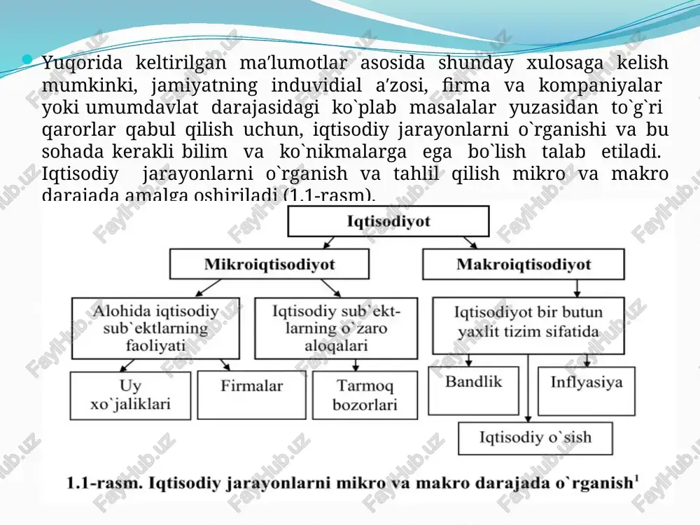 uning narxini oshishiga yoki qulay ob-havo sharoiti qishloq xo`jaligi mahsulotlaridan mo`l hosilni ta′minlab, ularning narxlari va fermerlar daromadlari pasayib ketishiga olib kelishini prognoz qilish pozitiv tahlilga xos. normativ tahlil esa sub′ektiv yoki alohida shaxslarning baho beruvchi mushohadalariga tayangan holda iqtisodiy hatti-harakatlar retseptini taklif etadi. ya′ni u iqtisodiyot qanday faoliyat ko`rsatishi kerakligini yoki muayyan bir nazariya va tajribalarga tayangan holda qanday chora-tadbirlarni qo`llash maqsadga muvofiqligini ifodalaydi. dalillarni keng qamrovli tahlil etish uchun iqtisodiy tadqiqotning turli usullaridan foydalaniladi. ularning ichida eng ko`p statistik, hisob-analitik, iqtisodiy-matematik, tajriba usullaridan foydalaniladi. statistik, ya′ni dinamik qatorlar, o`rtacha sonlar, guruhlashtirish, analitik, korelyatsion, dispersion va regression tahlil usullari orqali firmalarda sodir bo`ladigan miqdor o`zgarishlari qanday qilib sifat o`zgarishlariga olib kelishi, ayrim omillar va dalillar o`rtasida qanday aloqa va bog`lanishlar borligi anqlanadi. hisob-analitik usullardan biron loyihani ishlab chiqishda yoki firmalarning istiqbolli rivojlanishi bilan bog`liq prognozlarni ishlab chiqishda keng foydalaniladi. tajriba usuli normativ asosda belgilangan me′yoriy tadbirni yoki biron-bir nazariyani …