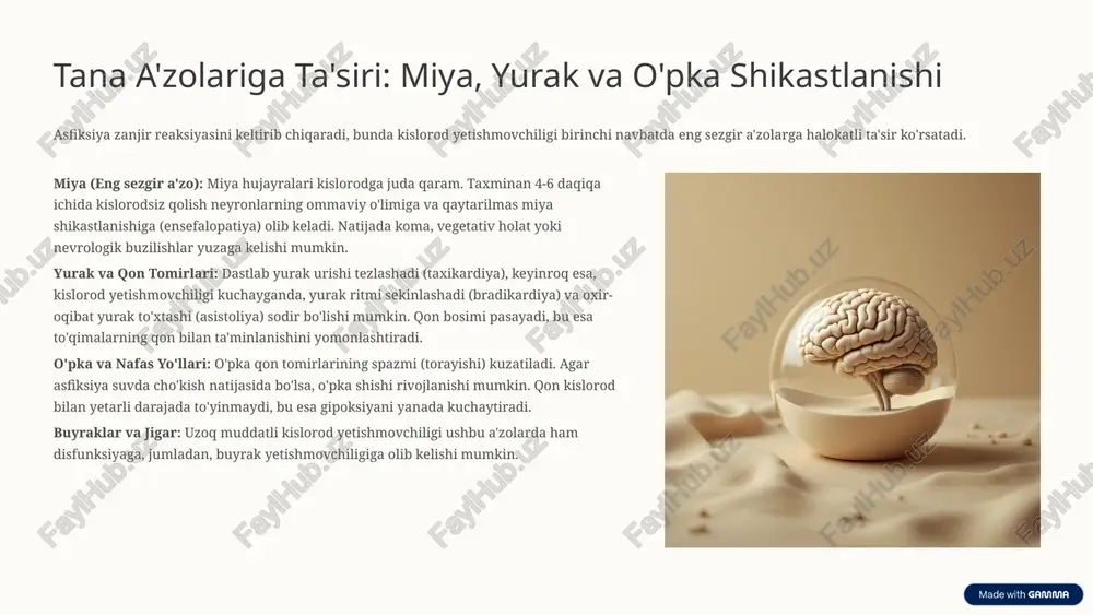 yniqsa go'sht, uzum va yong'oqlarni mayda qismlarga bo'lib yeyishni o'rganing. ovqatlanayotganda gaplashmaslikka harakat qiling. suv havzalari xavfsizligi suvda cho'milish vaqtida bolalarni doimo nazorat qiling. katta yoshdagi odamlar ham mast holatda suvga kirmasliklari kerak. suv havzalari atrofida to'siqlar o'rnatish muhim. gaz xavfsizligi uy va yopiq joylarda isitish moslamalaridan foydalanganda, xonalarni muntazam shamollating. uglerod oksidi (co) detektorlarini o'rnating, chunki bu gaz hidsiz va rangsizdir. birinchi yordamni o'rganish gimlik usuli va yurak-o'pka reanimatsiyasi (yo'r) kurslarida qatnashing. bu ko'nikmalar har qanday kutilmagan vaziyatda hayotni saqlab qolishga yordam beradi. 9 xulosa va asosiy tavsiyalar asfiksiya – jiddiy tibbiy favqulodda holat bo‘lib, tezkor va to‘g‘ri harakatlarni talab qiladi. biz o'rgangan bilimlar hayotni saqlab qolishga yordam beradi. asosiy tavsiyalarimiz quyidagilardan iborat: ehtiyotkorlik va nazorat: bolalar xavfsizligiga doimiy e'tibor bering va potentsial xavf manbalarini yo'q qiling. tezkor harakat: bo'g'ilish belgilari paydo bo'lganda, vahimaga tushmang va darhol gimlik usulini qo'llang. tayyorgarlik: yo'r ko'nikmalarini yangilab turing. bu bilimlar nafaqat o'zingizni, …