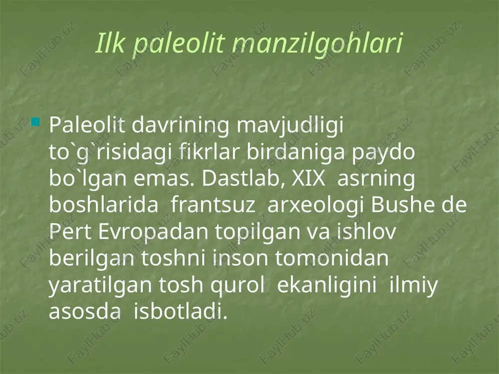 ng`ur va toshkent viloyatidagi boltag`or makonlarida ham ashel` davri tosh qurollari topilagn. selung`ur g`ori madaniy qatlamlaridan eng qadimgi odam-arxantrop tish parchalari topilgan. fanga selung`ur g`ori 1958 yildan ma`lum. dastlab g`or-makon akademik okladnikov tomonidan o`rganilgan va u so`nggi poleolit davriga oid degan fikr bildirilgan. 1980 yilda akademik u.islomov g`orda qayta qazish ishlarini o`tkazib, ko`plab tosh qurollar, hayvon suyaklari qoldiqlarini topadi. u.ismoilov g`orni ashel` davriga mansubligini ilmiy asosda isbotlaydi. seleng`ur g`oridan topilgan ibtidoiy odam suyak qoldiqlari sinantrop - «xitoy odami» ga zamondosh ekanligi to`g`risida fikrlar bildirilgan. selung`ur g`oridan topilgan ibtidoiy odamning suyaklarini o`rganish uchun yunesko dan mutaxassislar chaqiriladi. ular suyak qoldiqlarini tekshirib ko`rib uning antropogenez tizimida o`ziga xos xususiyatga ega ekanligini e`tirof etadilar. mutaxassislar farg`onadan topilgan ibtidoiy odamga «fergantrop» deb nom berishdi. fergantrop arxeologiya faniga antropogenez jarayonida o`ziga xos xalqa sifatida kiritili. odamning paydo bo`lishi muammosi echimiga selung`urdagi ilmiy izlanishlar katta hissa qo`shdi. o`rta osiyo, xususan o`zbekiston odamzodning ilk bor paydo bo`lgan …