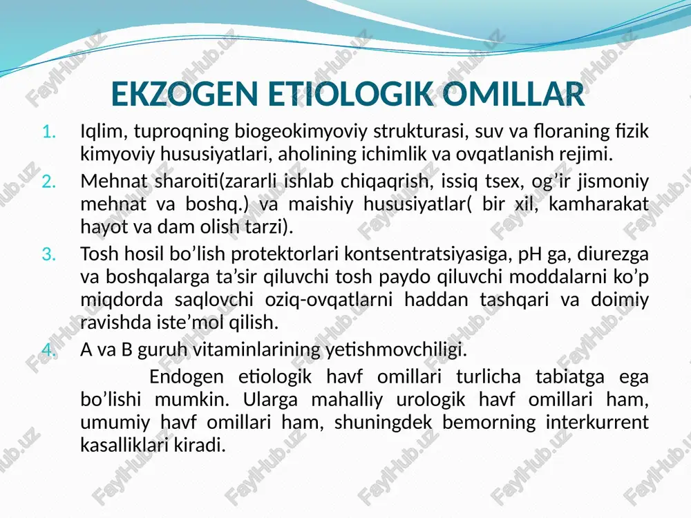 a yallig’lanishni yanada kuchaytirib yuboradi. buyrakdagi «aseptik» toshlar ham morfologik o’zgarishlarni keltirib chiqaradi. siydikni tekshirib, unda mikroblar topilmasa ham u buyrakda yallig’lanish jarayonini yo’q deb bo’lmaydi. chunki nefrit xali interstinal holatda bo’lish mumkin, siydik koptokchalarining va kanalchalarining kengayishi, peri va endaarterit hollari, oraliq kushuvchi to’qimalarning proliferatsiyasi ayniqsa kanalchalar atrofida aniqroq kuzatiladi. asta-sekin to’qimalari atrofiyaga uchraydi. klinikasi kalkuriya og’riq gematuriya anuriya buyrak yetishmovchiligining klinik belgilari dizuriya o’tkir siydik tutilishi 20 tashxislash diagnoz qo’yishda anamnez yig’ish muhim ahamiyatga ega. og’riqning harakteri va davomiyligini (joylashuvi, kuchi, tarqalishi); og’riq ko’ngil aynishi, qusish, qaltiroq bilan kechyaptimi-yo’qmi; siydikda gematuriya borligi va davomiyligi; og’riqning kuchi va paydo bo’lish harakterini aniqlab olish zarur; bemordan oldin tosh tushganmi; urologik anamnezga egaligi, oldin stk bo’yicha tashrix qilinganligi surishtiriladi; bemorda oshqozon ichak traktida, jigar o’t yo’llarida, qalqonsimon oldi bezlarida kasalliklar bormi; oilasi va qarindoshlari ichida stk bilan og’riganlar bormi; tosh hosil qilishga olib keluvchi farmakologik preparatlar (sulfanilamidlar, vitaminlar va boshq.) qabul …