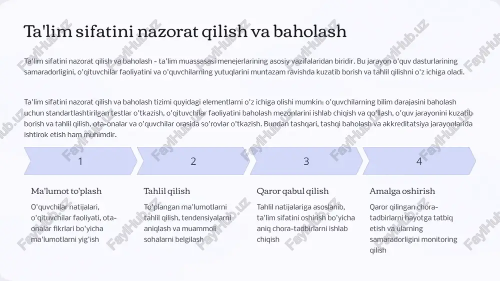 m muassasalari til ko'nikmalari, madaniy almashinuv ijtimoiy loyihalar mahalliy hamjamiyat jamiyatga foyda, ijobiy imidj 7 xavfsizlik va favqulodda vaziyatlarga tayyorgarlik ta'lim muassasasi menejmenti uchun o'quvchilar va xodimlarning xavfsizligini ta'minlash hamda favqulodda vaziyatlarga tayyorgarlik ko'rish muhim ahamiyatga ega. bu nafaqat jismoniy xavfsizlikni, balki ruhiy va ijtimoiy xavfsizlikni ham o'z ichiga oladi. xavfsizlik va favqulodda vaziyatlarga tayyorgarlik tizimi quyidagi elementlarni o'z ichiga olishi kerak: xavfsizlik qoidalarini ishlab chiqish va joriy etish, binoning texnik xavfsizligini ta'minlash, favqulodda vaziyatlar rejasini tuzish va muntazam mashg'ulotlar o'tkazish, kiberhxavfsizlik choralarini ko'rish, bulling va zo'ravonlikka qarshi kurashish dasturlarini amalga oshirish. bundan tashqari, ta'lim muassasasi rahbarlari mahalliy huquq-tartibot organlari va favqulodda vaziyatlar xizmati bilan hamkorlikni yo'lga qo'yishlari zarur. 1 jismoniy xavfsizlik binoning texnik holati, yong'in xavfsizligi tizimlari, kirish nazorati, video kuzatuv 2 favqulodda vaziyatlar rejasi turli xil favqulodda vaziyatlarga tayyorgarlik, evakuatsiya rejalari, muntazam mashg'ulotlar 3 kiberxavfsizlik ma'lumotlarni himoya qilish, xavfsiz internet foydalanish qoidalari, kiberhujumlardan himoyalanish 4 ijtimoiy xavfsizlik bulling …