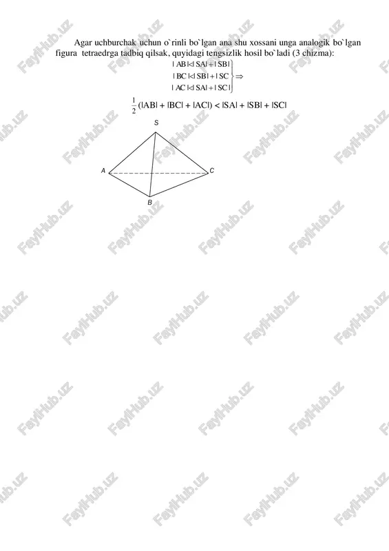 = (x – 3)2, lg(2(x+1)) = 2  lg(x - 3)|: lg(x – 3) ≠0. biz sintez metodi yordamida ma’lum bo’lgan x1=7 va x2=1 ildizlarni qanoatlantiruvchi ko’rinishdagi noma’lum tenglamani hosil qildik. 4. analogiya metodi xulosa chiqarish metodlaridan yana biri bu analogiyadir. t a ‘ r i f. o`xshashlikka asoslanib xulosa chiqarish analogiya deyiladi. analogiya bo`yicha xulosa chiqarishni sxematik ravishda quyidagicha tasvirlash mumkin: f figura a, b, c, d, ... xossalarga ega. f1 figura esa a, b, s, ... xossalarga ega bo`lsa, u holda f1 figura ham d xossaga ega bo`lishi mumkin. fikrimizning dalili sifatida quyidagi tengsizlikni isbot qilaylik. har qanday tetraedr uchun (|ab|+|bc|+|ac|) |ac| 2 )3lg( )1(2lg    x x 2 )3lg( )1(2lg    x x 2 1 v a c agar uchburchak uchun o`rinli bo`lgan ana shu xossani unga analogik bo`lgan figura tetraedrga tadbiq qilsak, quyidagi tengsizlik hosil bo`ladi (3 chizma): (|ab| + |bc| + …