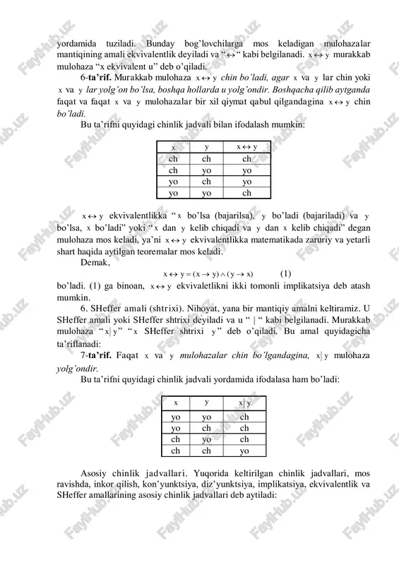 y yolg’on bo’lgandagina yolg’on bo’lib, qolgan hamma hollarda chindir. “ yx  ” mulohaza “agar x , u holda y ” deb o’qiladi. implikatsiya ta’rifini quyidagi chinlik jadvali ko’rinishida yozish mumkin: x y yx  ch ch ch ch yo yo yo ch ch yo yo ch chinlik jadvalidan ko’rinadiki, yuqoridagi mulohazalarning ikkinchisi yolg’on bo’lib, qolganlari chindir. “ yx  ” implikatsiya x mulohaza asos (shart, gipoteza, dalil) va u mulohaza esa bu asosning oqibati deb ataladi. implikatsiya chinlik jadvalining oxirgi ikkita satri shuni ko’rsatadiki, yolg’on asosdan chin xulosa ham, yolg’on xulosa ham kelib chiqar ekan, boshqacha qilib aytganda “yolg’ondan har bir narsani kutish mumkin”. implikatsiya mulohazalar mantiqining muhim amallaridan biri hisoblanadi. so’zlashuv tilida “agar x , u holda y ” ning har xil sinonimlari bor: “ x bo’lsa, y bo’ladi”, “agar x bo’lsa, u vaqtda y bo’ladi”, “ x dan y hosil bo’ladi”, “ x dan y kelib chiqadi”, …