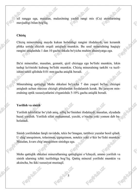 ilib aytganda, minerallarning fizik xususiyatlari ularning tarkibi, kristalli tuzilishi va hosil bo'lish sharoitlari bilan belgilanadi hamda geologik jarayonlar haqida ma'lumot beradi. minerallarning qattiqligi mohs shkalasi bo'yicha 1 dan (talk) 10 gacha (olmos) o'lchanadi, bu ularning boshqa materiallarni chizishga qobiliyatini aniqlaydi va identifikatsiya uchun muhim. minerallarning zichligi ularning massa va hajm nisbati bo'lib, gramm santimetr kubiga (g/sm³) da ifodalanadi. zichlik mineral tarkibi va atom tuzilishi bilan bog'liq. xulosa minerallar jismoniy xususiyatlari ularni aniqlash va tasniflash uchun muhimdir, ularning tarkibi va tuzilishi haqida qimmatli ma'lumot beradi. foydalanilgan adabiyotlar 1. klein, c., dutrow, b. (2017). manual of mineral science (23rd ed.). wiley. 2. nesse, w. d. (2016). introduction to optical mineralogy (4th ed.). oxford university press. 3. perkins, d. (2015). mineralogy (3rd ed.). pearson. 4. bloss, f. d 0 0 0 7