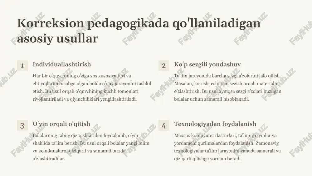 n bolalar fikr kuchi bilan qurilmalarni boshqarish orqali o'qish va muloqot qilish imkoniyatiga ega bo'ladilar. 3 genetik terapiya ayrim tug'ma kasalliklarni davolashda genetik terapiya usullari qo'llanilishi natijasida, ba'zi rivojlanish buzilishlarini erta bosqichda to'xtatish yoki sekinlashtirish imkoniyati paydo bo'ladi. bu esa korreksion pedagogikaning yo'nalishlarini o'zgartirishi mumkin. 4 global inklyuziya kelajakda nafaqat ta'lim muassasalari, balki butun jamiyat maxsus ehtiyojlarga ega insonlar uchun to'liq moslashtirilgan bo'ladi. bu esa korreksion pedagogikaning maqsad va vazifalarini yanada kengaytiradi. 10 image1.png image2.png image3.png image4.png image5.png image6.png image7.png image8.png image9.png image10.png image11.png image12.png image13.png image14.png image15.png