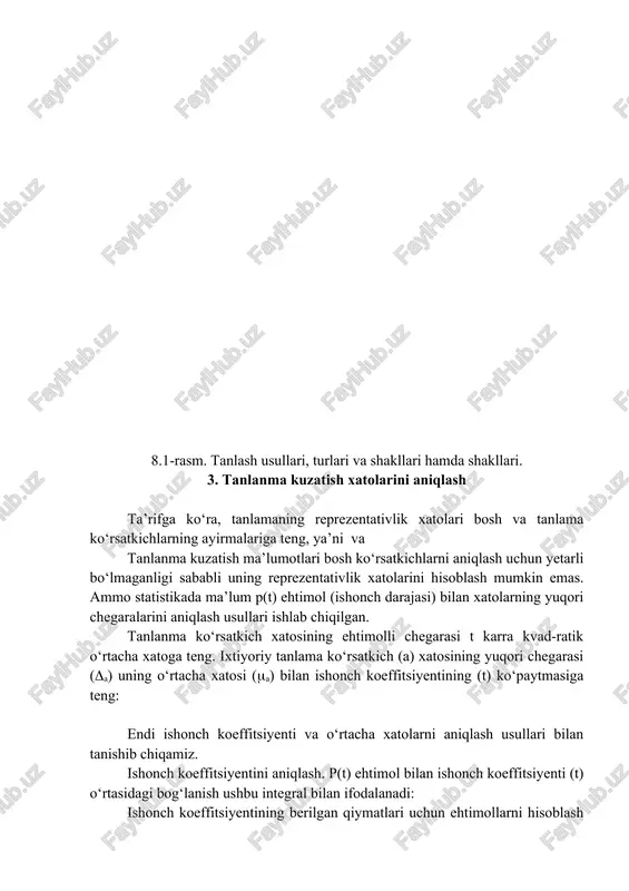 shuningdek, kuzatish usullari va asboblarining kamchiliklari bilan bog‘liq bo‘lmagan holda yo‘l qo‘yilgan xatolar tasodifiydir. katta sonlar qonuniga binoan tanlanmaning miqdori oshgan sari tasodifiy xatolar kamayib boradi. reprezentativlik xatosi-tanlanma umumlashtiruvchi ko‘rsatkichlari bilan bosh to‘plamning xuddi shunday parametrlari orasidagi farq (tafovut). muntazam xatolar o‘z navbatida ko‘zlanmagan va ko‘zlangan bo‘lishi mumkin. o‘lchash asboblarining noaniqligidan, tanlash va kuzatish usullarining kamchiliklaridan ko‘zlanmagan muntazam xatolar kelib chiqadi. kuzatish natijalarini o‘zgartirib ko‘rsatish maqsadida qilingan xatolar ko‘zlangan muntazam xatolardir. masalan, ishlab chiqarilgan mahsulotlarning sifatini oshirib ko‘rsatish uchun tanlanmada bosh to‘plamga nisbatan sifatli mahsulotlarning salmog‘ini sun’iy ko‘paytirish natijasida muntazam xato hosil bo‘ladi. statistikada tanlanmaning reprezentativligini ta’minlaydigan turlicha tanlash usullari mavjud bo‘lib, ular avvalo individual va seriyalab (yoki guruhlab) tanlashga bo‘linadi. individual tanlashda bosh to‘plamdan birliklar alohida-alohida, seriyalab tanlashda esa ular seriyasi (guruhi) bilan olinadi. bundan tashqari, tanlash usullari bosh to‘plamdan birliklarini (seriyalarini) tanlab olish prinsiplariga qarab tasodifiy, mexanik va kombinatsion tanlashlarga bo‘linadi. tasodifiy tanlash takrorlanuvchi yoki takrorlanmaydigan sxemalarda o‘tkazilishi …
