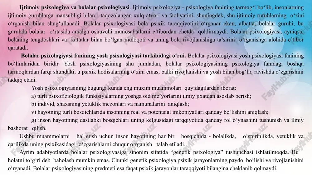 ‘lgan psixik ontogenezning shakli sifatida xizmat qiladi. l. s.vigotskiy, ta’lim psixikaning rivojlanishini yo‘naltiradi, degan fikrni aytib, shu bilan birga bu jarayonda ongli faoliyatning yangi, mutlaqo boshqacha shakllari yaratiladi, deb ta’kidlaydi. psixologiya insonning ruhiyatini o‘rganuvchi nazariy fan bo‘lib qolmay, balki hozirgi kunda turli xil sohalarda keng qo‘llanilishi mumkin bo‘lgan amaliy fan hamdir. insonni har tomonlama o‘rganish, ya’ni odamlar o‘rtasidagi individual farqlarni aniqlash ta’lim-tarbiya va mehnat faoliyati samaradorligini belgilaydi 2. bolalar psixologiyasining asosiy va yordamchi metodlari bolalar psixologiyasining asosiy va yordamchi metodlari bolalar psixologiyasi bolalarning ruhiy rivojlanishini, hissiy holatini va xulq-atvorini o‘rganadi. bunda turli tadqiqot usullari qo‘llaniladi. asosiy metodlar kuzatish – bolaning tabiiy muhitidagi xatti-harakatlarini bevosita kuzatish orqali axborot to‘plash. bu metod bolaning kundalik faoliyati, o‘yinlari va muloqot jarayonini tahlil qilishga yordam beradi. eksperiment – maxsus sharoit yaratilib, bolaning muayyan vaziyatlardagi javoblari va harakatlari o‘rganiladi. bu usul laboratoriya va tabiiy sharoitda o‘tkazilishi mumkin. suhbat – bola bilan bevosita muloqot qilish orqali uning …