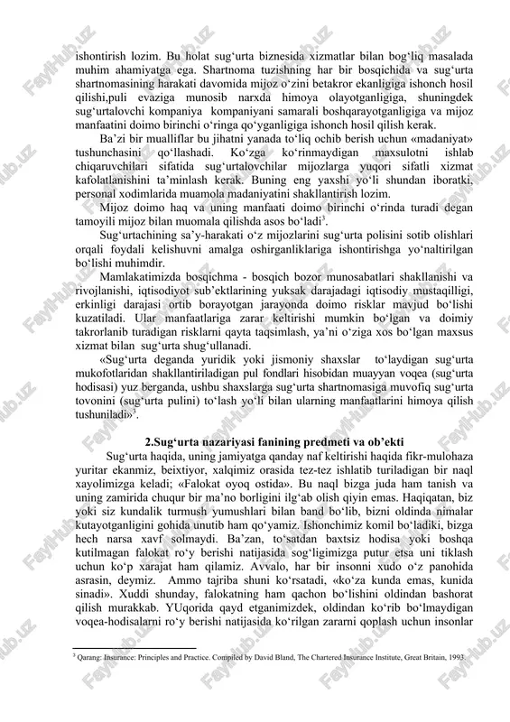 nglanilgan zarurat - aniq sug‘urta manfaatlari negizida sug‘urta munosabatlari yuzaga keldi. sug‘urta munosabatlari, ularning tashkiliy shakllari qandayligidan qat’i nazar, sug‘urta fondini yaratish va undan foydalanish jarayonidir. ta’kidlash lozimki, sug‘urta munosabatlari - murakkab va keng qamrovli moliyaviy-pullik iqtisodiy munosabatlar bo‘lib, ular yuzaga kelishi uchun o‘zaro bog‘liq shart-sharoit majmuasi mavjudligi ham muhimdir. sug‘urtaning ijtimoiy-iqtisodiy mohiyatini to‘liqroq ochib berish uchun ilmiy adabiyotlarda bu masalaga bo‘lgan yondashuvlarni o‘rganish maqsadga muvofiqdir. ularda «sug‘urta-xizmat ko‘rsatish industriyasi»[footnoteref:1] ekanligi qayd etilgan, shunga asoslanib, keyingi yillarda xalqaro iqtisodiy atamashunoslikda «xizmatlar iqtisodiyoti nazariyasi» qaror topayotganligini ta’kidlash mumkin. [1: qarang: insurance: principles and practice. compiled by david bland, the chartered insurance institute, great britain, 1993. p. 1 b. 3.] sug‘urta faoliyatida o‘z mohiyati nuqtai nazaridan, aynan «xizmat» tushunchasi fundamental hisoblanadi. sug‘urtachi tomonidan taklif etilayotgan «xizmat» o‘zida dastlab moddiylikni aks ettirmaydi, ya’ni u o‘z mijoziga faqat «va’dani sotadi». shu nuqtai nazardan xalqaro savdoda unga «ko‘rinmaydigan faoliyat»[footnoteref:2]1 deb ham tasnif beriladi. sug‘urtalanuvchiga shartnoma …