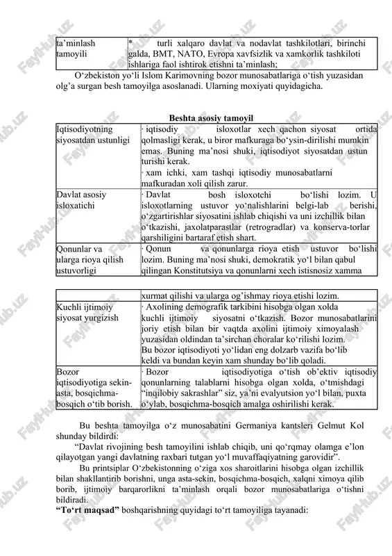 sharoitida o‘zbekistonda davlatni boshqarish tamoyillari bozor iqtisodiyoti sharoitida o‘zbekistonning siyosiy-ijtimoiy va iqtisodiy istiqbolga erishishning asosiy tamoyillari prezidentimiz i.karimovning o‘zbekiston respublikasi oliy majlisining birinchi majlisidagi ma’ruzasida (23.02.95) quyidagicha yoritilgan. bozor iqtisodiyoti sharoitida o‘zbekistonda davlatni boshqarish tamoyillari demokratiy · insonning o‘z xoxish-irodasini erkin bildirish xamda uni a tamoyili amalga oshirishi; · ozchilikning ko‘pchilikka bo‘ysinishi; · barcha fuqarolarning teng xuquqliligi; · davlat va jamiyat boshqaruvida qonun ustuvorligi; · davlatning asosiy organlari saylanishi, ularning saylovchilar oldida hisob berishi; · tayinlash yo‘li bilan shakllanadigan davlat organlarining saylovchi tashkilotlar oldidagi javobgarligi va b. iqtisodiy · monopollashgan iqtisodiyotdan erkin iqtisodiyotga; munosabatlarni · sotsialistik musobaqadan erkin raqobatga; demokratiyalash · qat’iy belgilangan narxlardan erkin narxlarga; tamoyili · davlatlashgan mulkdan xilma-xil mulkchilikka tayangan iqtisodiyotga o‘tish. yuksak mustaqillik tafakkurini kengroq tushunish, ya’ni: ma’naviyat · o‘zbekistonning istiqboli va istiqloli xaqida qayg’urish; tamoyili · o‘zining va o‘z xalqining, vatanning qadru qimmati, or- nomusini anglab, uni ximoya qilish; · yuksak g’oyalar, yangi fikriy kashfiyotlar, …